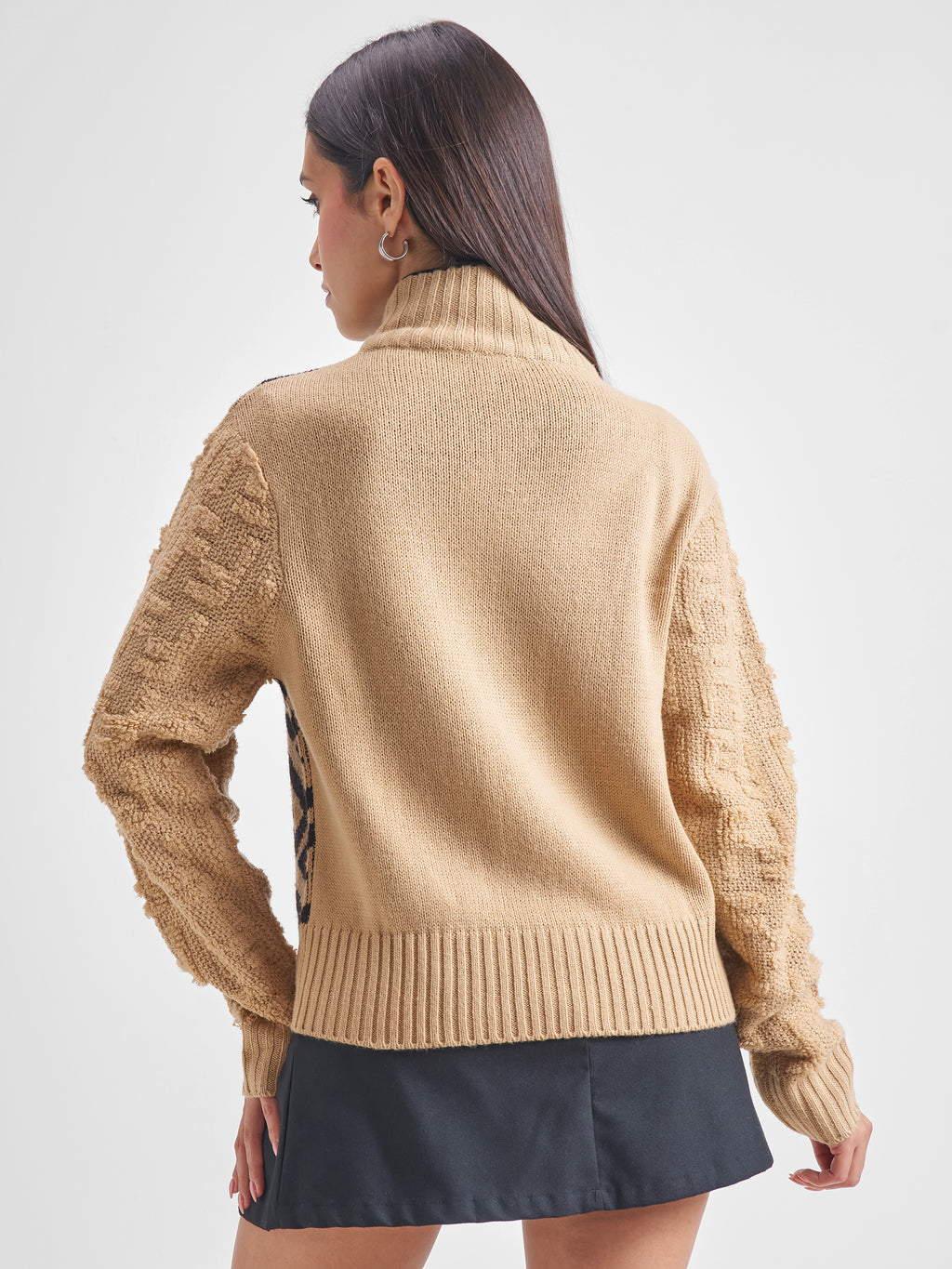 Tokyo Talkies Women Beige High Neck Sweater - Beige - Image 3