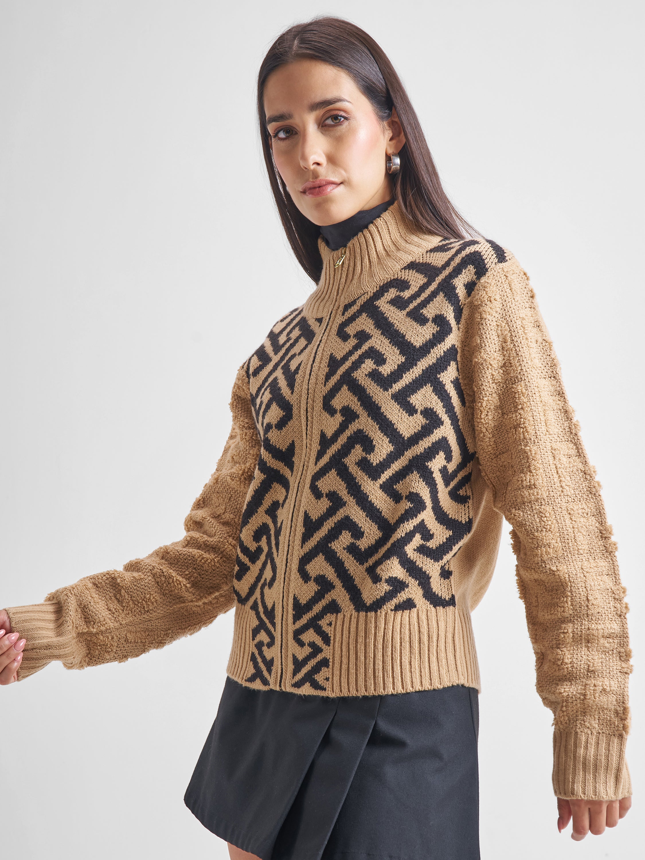 Tokyo Talkies Women Beige High Neck Sweater - Beige - Image 4
