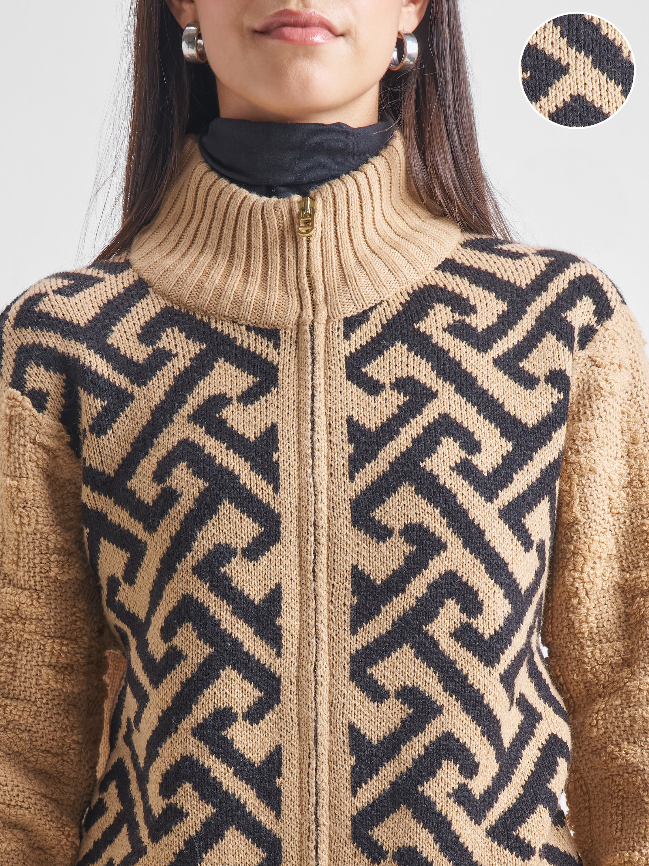 Tokyo Talkies Women Beige High Neck Sweater - Beige - Image 5