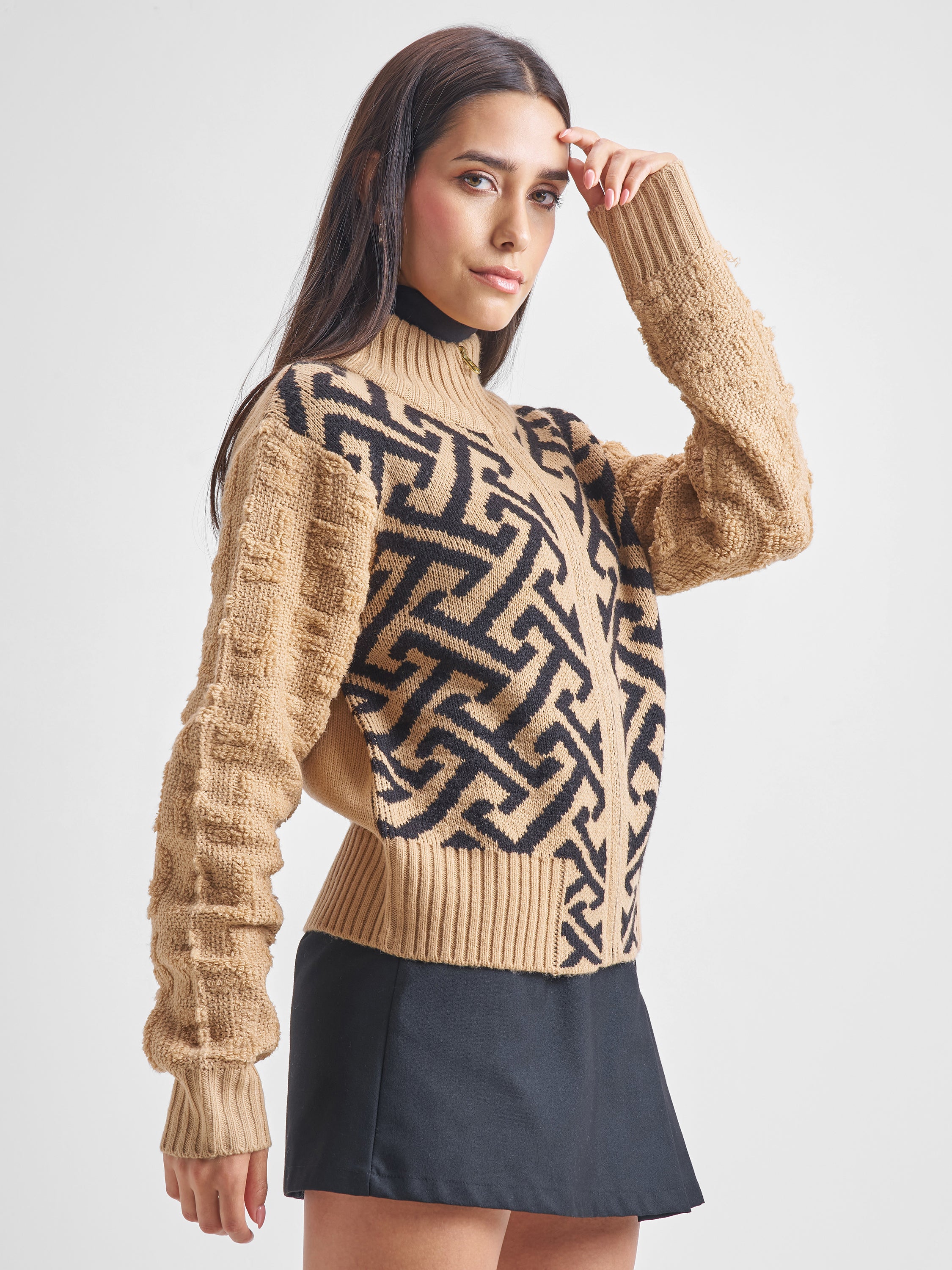 Tokyo Talkies Women Beige High Neck Sweater - Beige - Image 6