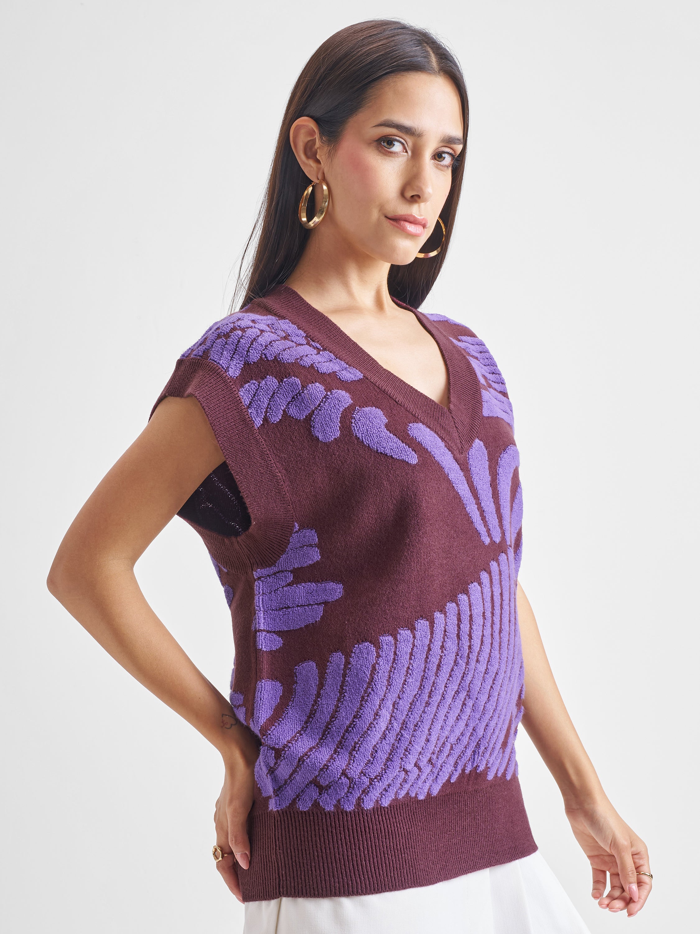 Tokyo Talkies Women Brown V-Neck Sweater - Brown - Image 6