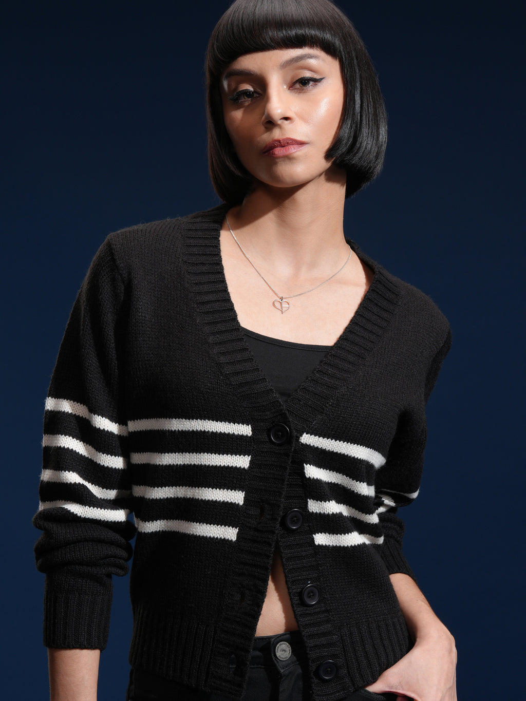Tokyo Talkies Women Black V-Neck Sweater - Black - Image 1