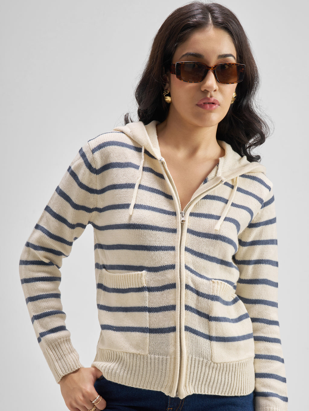 Tokyo Talkies Women Cream Hood Sweater - Cream - Image 1