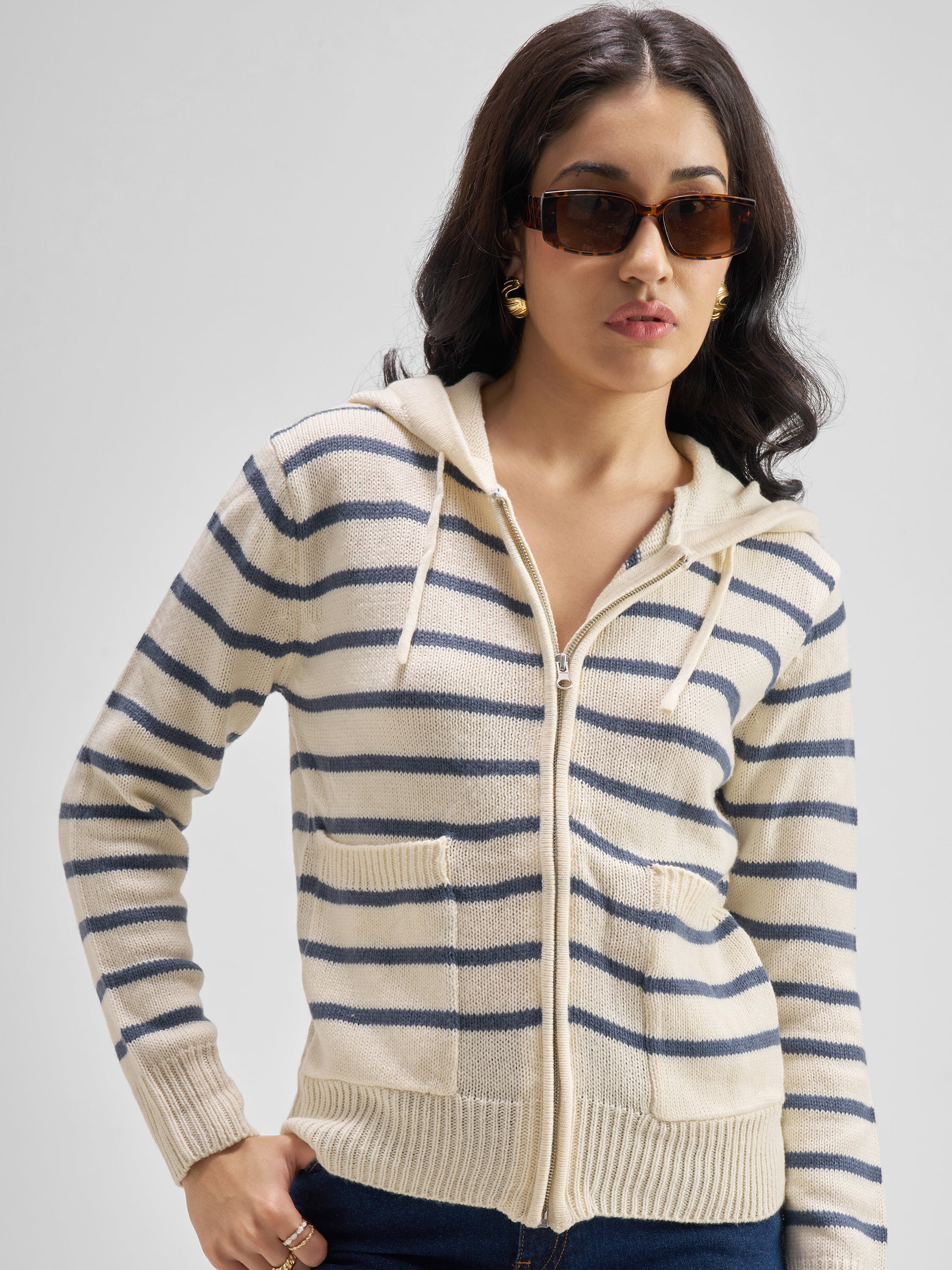 Tokyo Talkies Women Cream Hood Sweater - Cream - Image 1