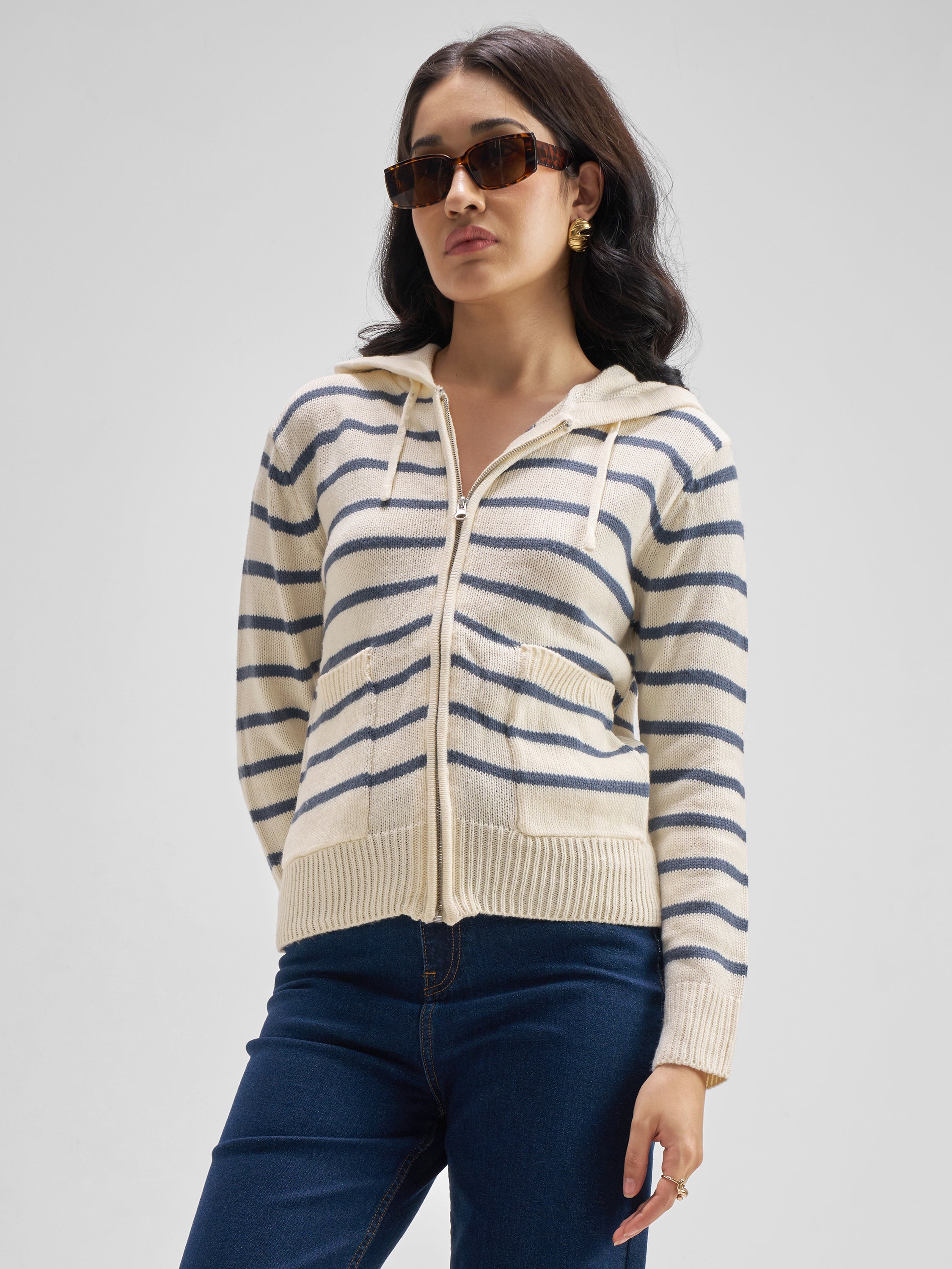 Tokyo Talkies Women Cream Hood Sweater - Cream - Image 4