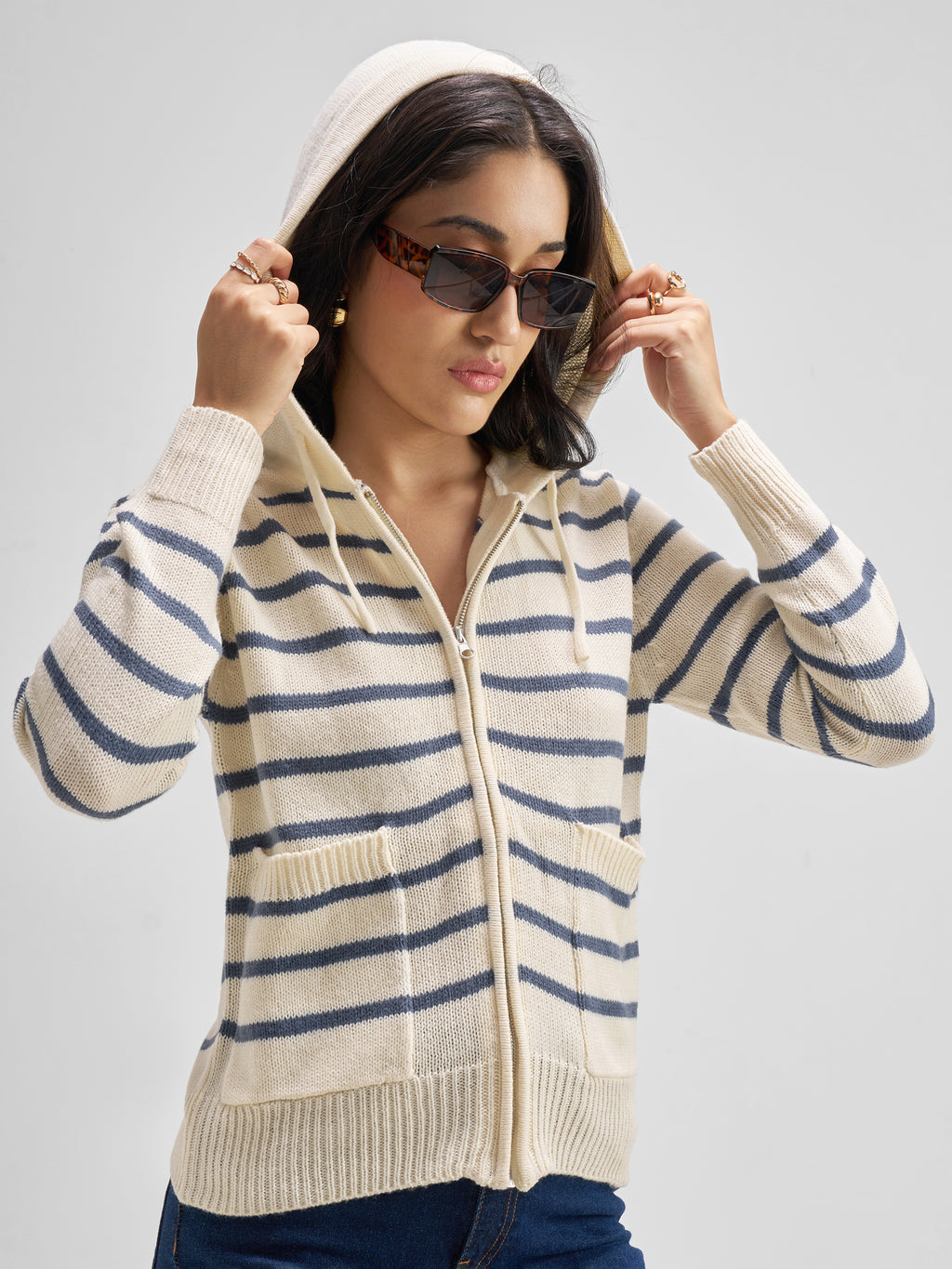 Tokyo Talkies Women Cream Hood Sweater - Cream - Image 6