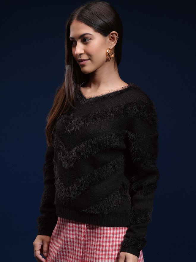 Tokyo Talkies Women Black Round Neck Sweater - Black - Image 4