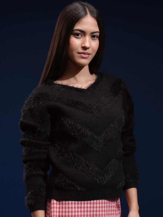 Tokyo Talkies Women Black Round Neck Sweater - Black - Image 6