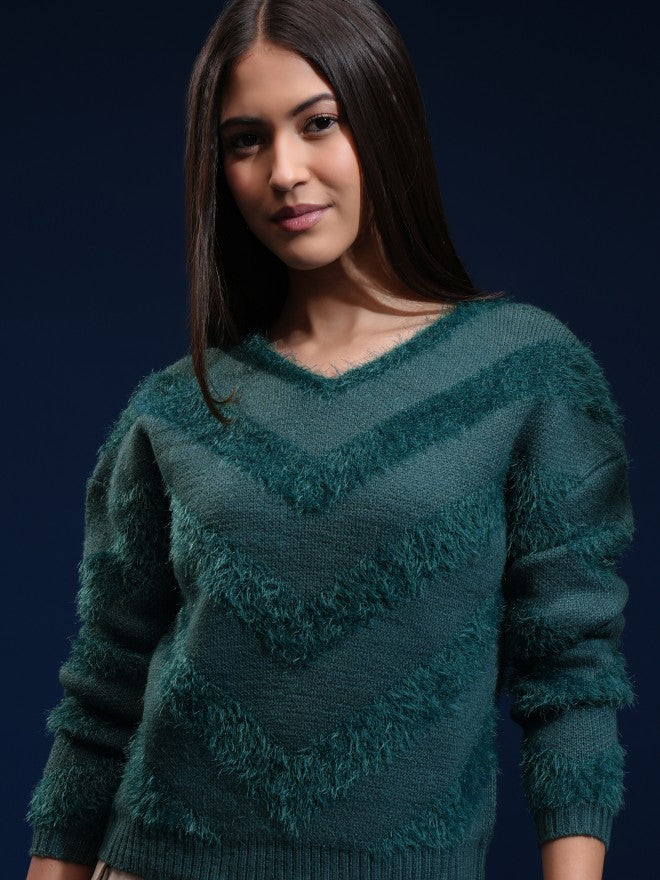 Tokyo Talkies Women Green Round Neck Sweater - Green - Image 1