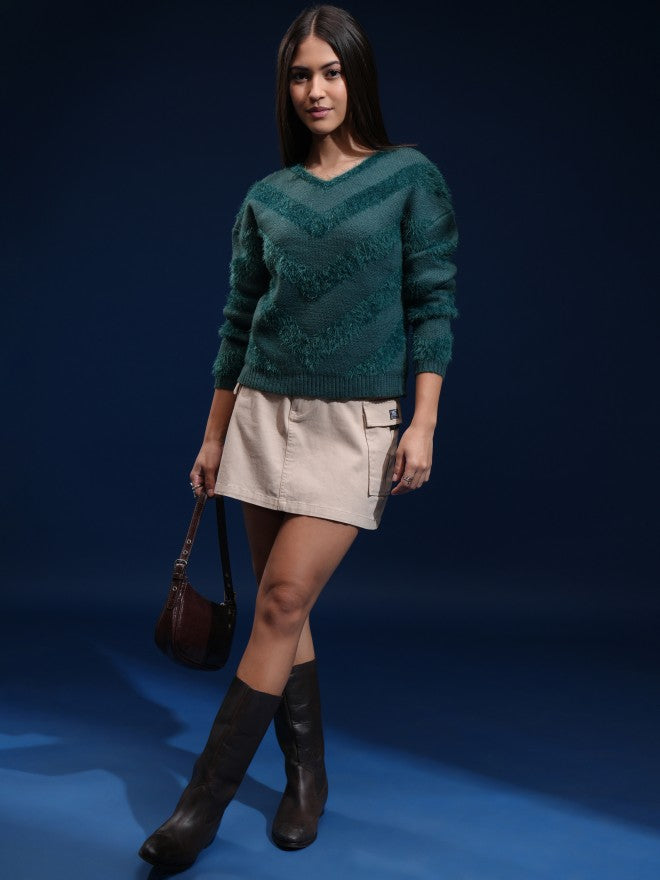 Tokyo Talkies Women Green Round Neck Sweater - Green - Image 2
