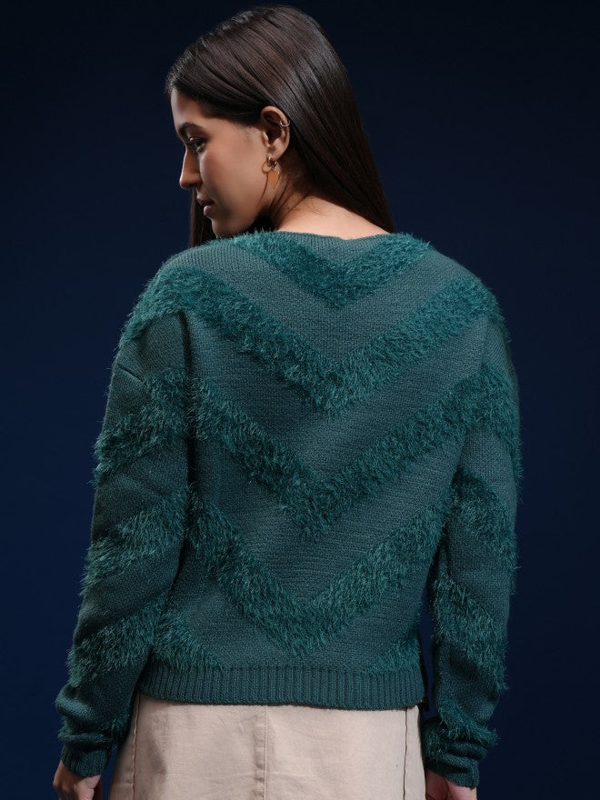 Tokyo Talkies Women Green Round Neck Sweater - Green - Image 3