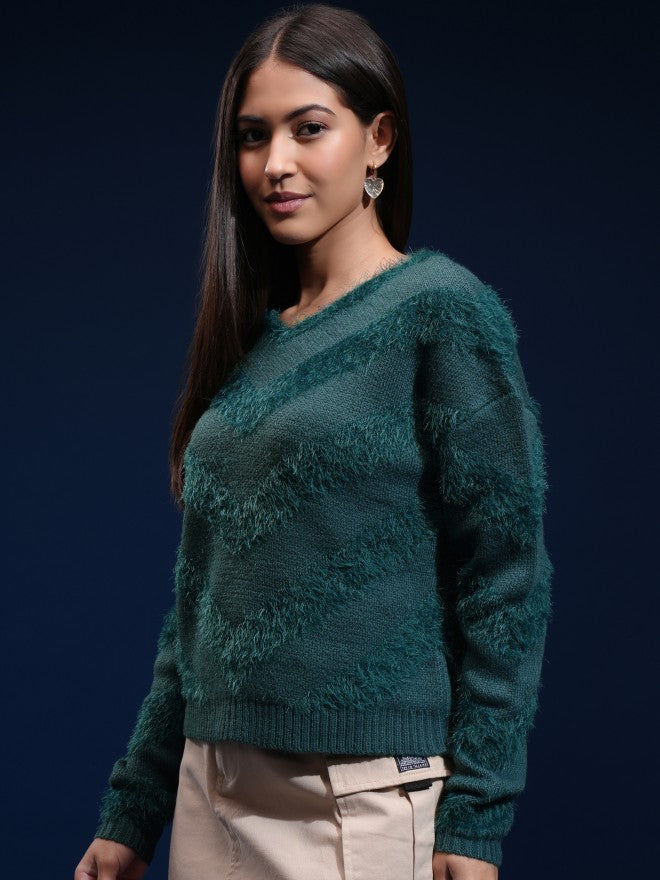 Tokyo Talkies Women Green Round Neck Sweater - Green - Image 4