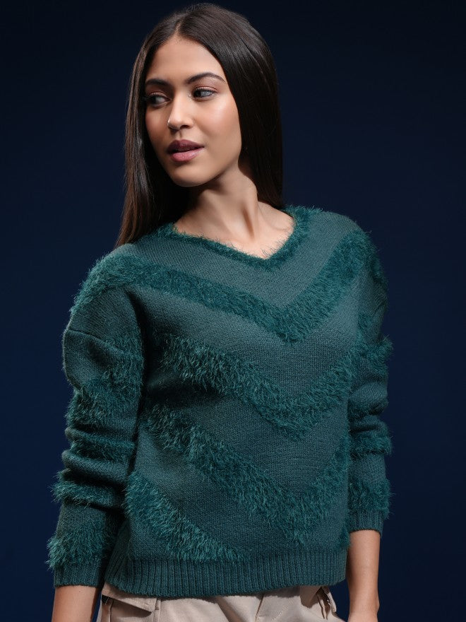 Tokyo Talkies Women Green Round Neck Sweater - Green - Image 6