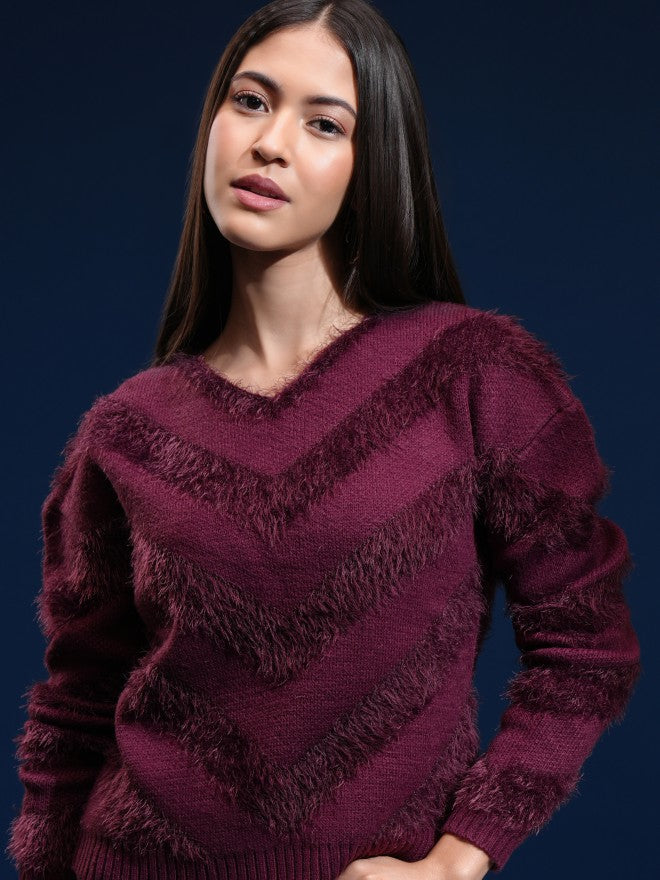 Tokyo Talkies Women Purple Round Neck Sweater - Purple - Image 1