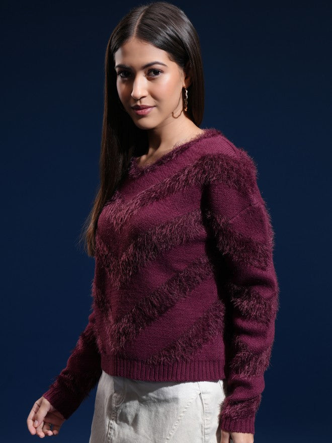 Tokyo Talkies Women Purple Round Neck Sweater - Purple - Image 4