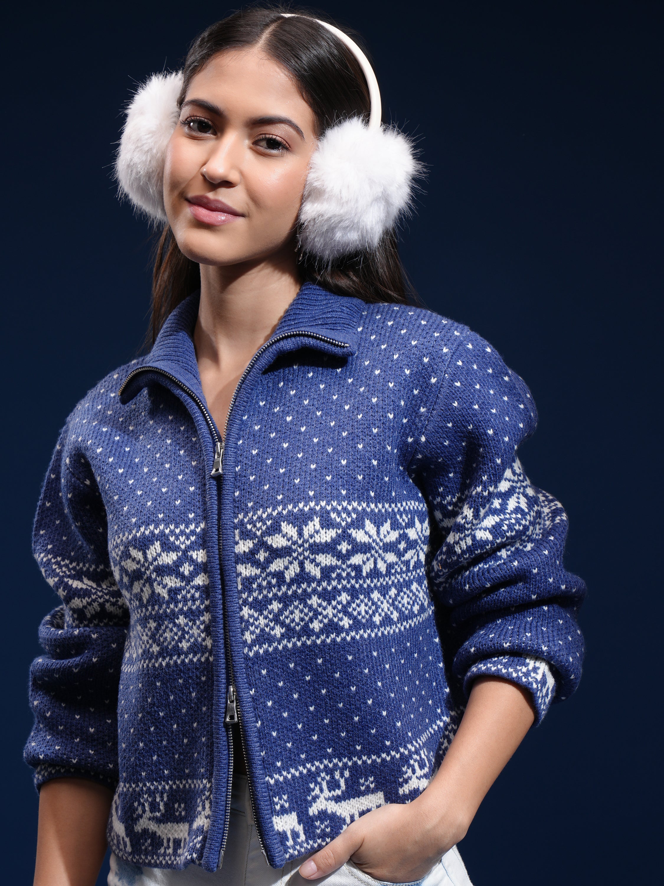 Tokyo Talkies Women Blue Turtle Neck Sweater - Blue - Image 1