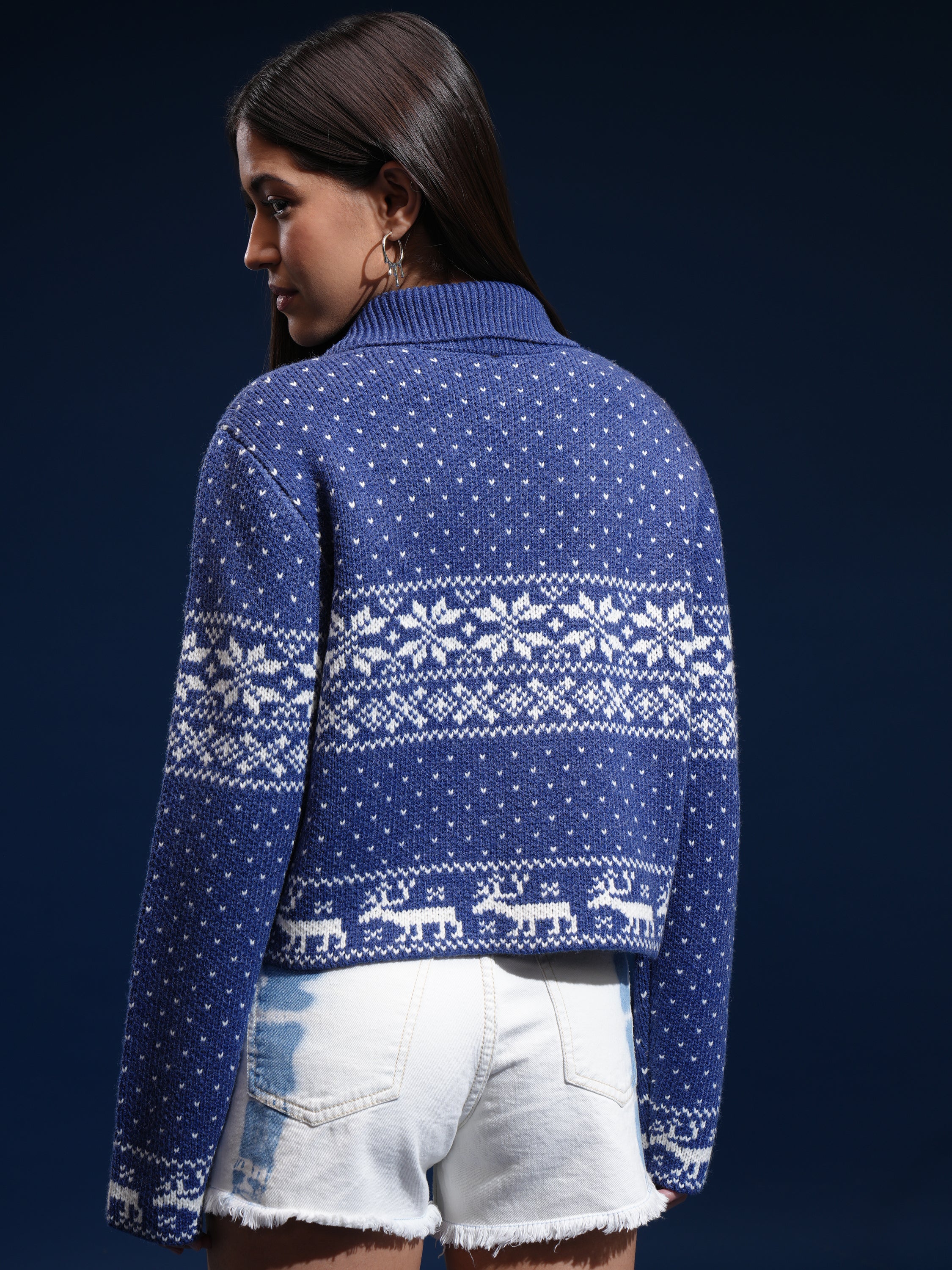 Tokyo Talkies Women Blue Turtle Neck Sweater - Blue - Image 3