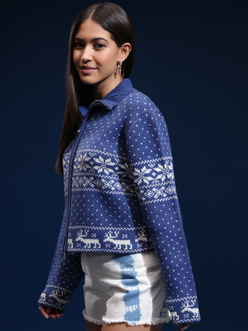 Tokyo Talkies Women Blue Turtle Neck Sweater - Blue - Image 4