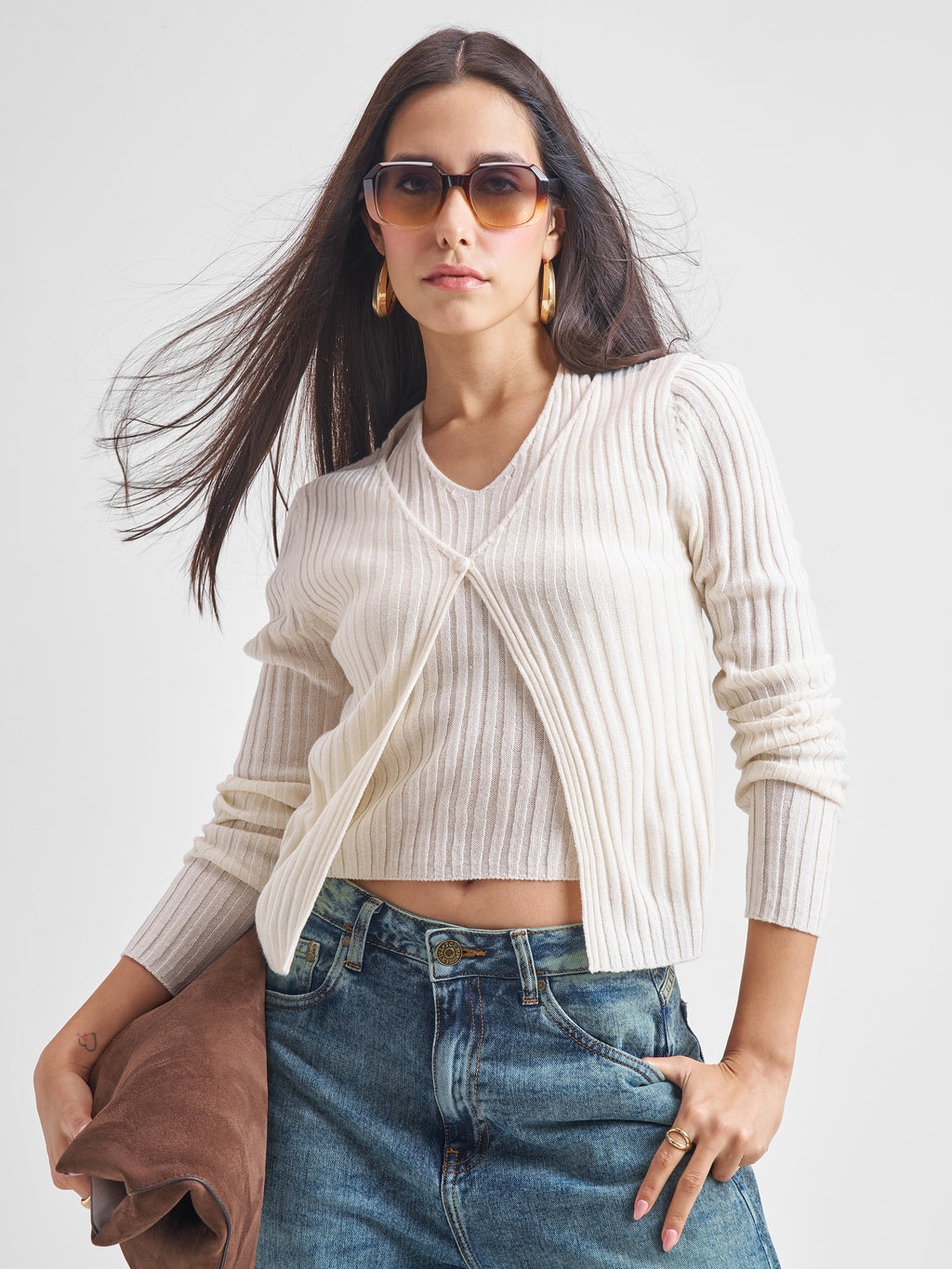 Tokyo Talkies Women Off White Round Neck Sweater - Off White - Image 1