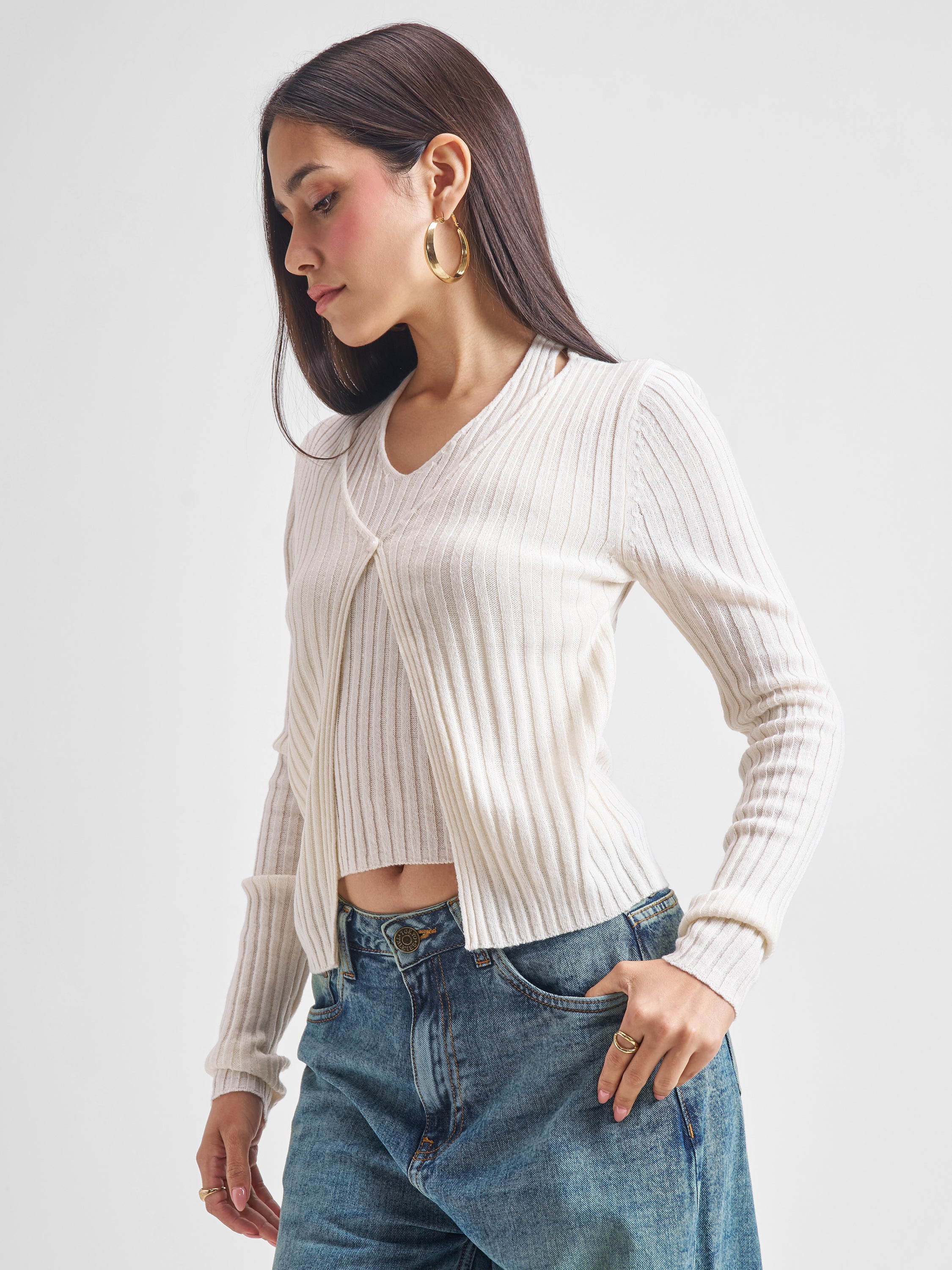 Tokyo Talkies Women Off White Round Neck Sweater - Off White - Image 4