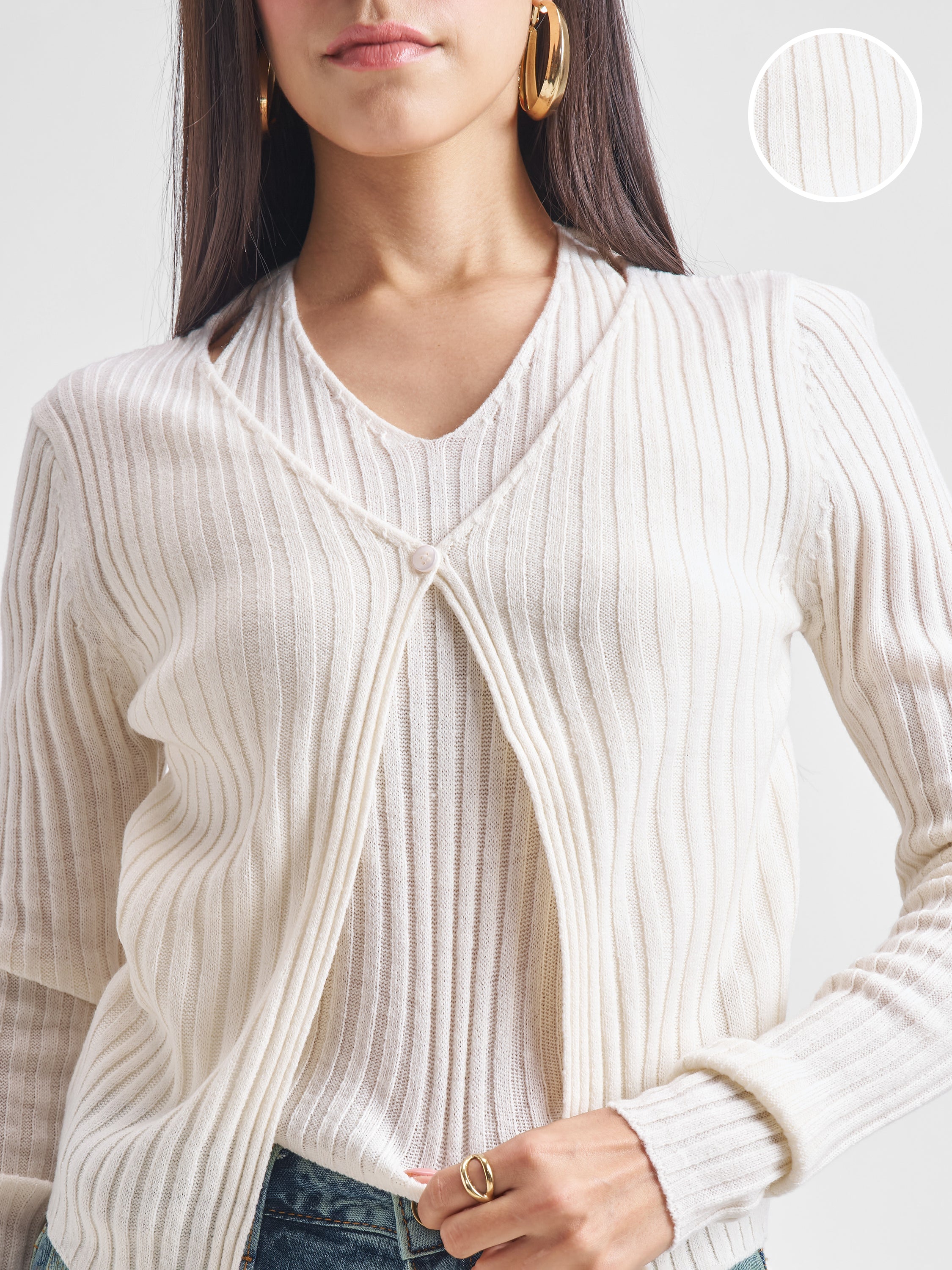 Tokyo Talkies Women Off White Round Neck Sweater - Off White - Image 5