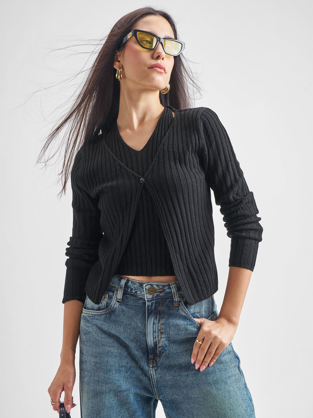 Tokyo Talkies Women Black Round Neck Sweater - Black - Image 1