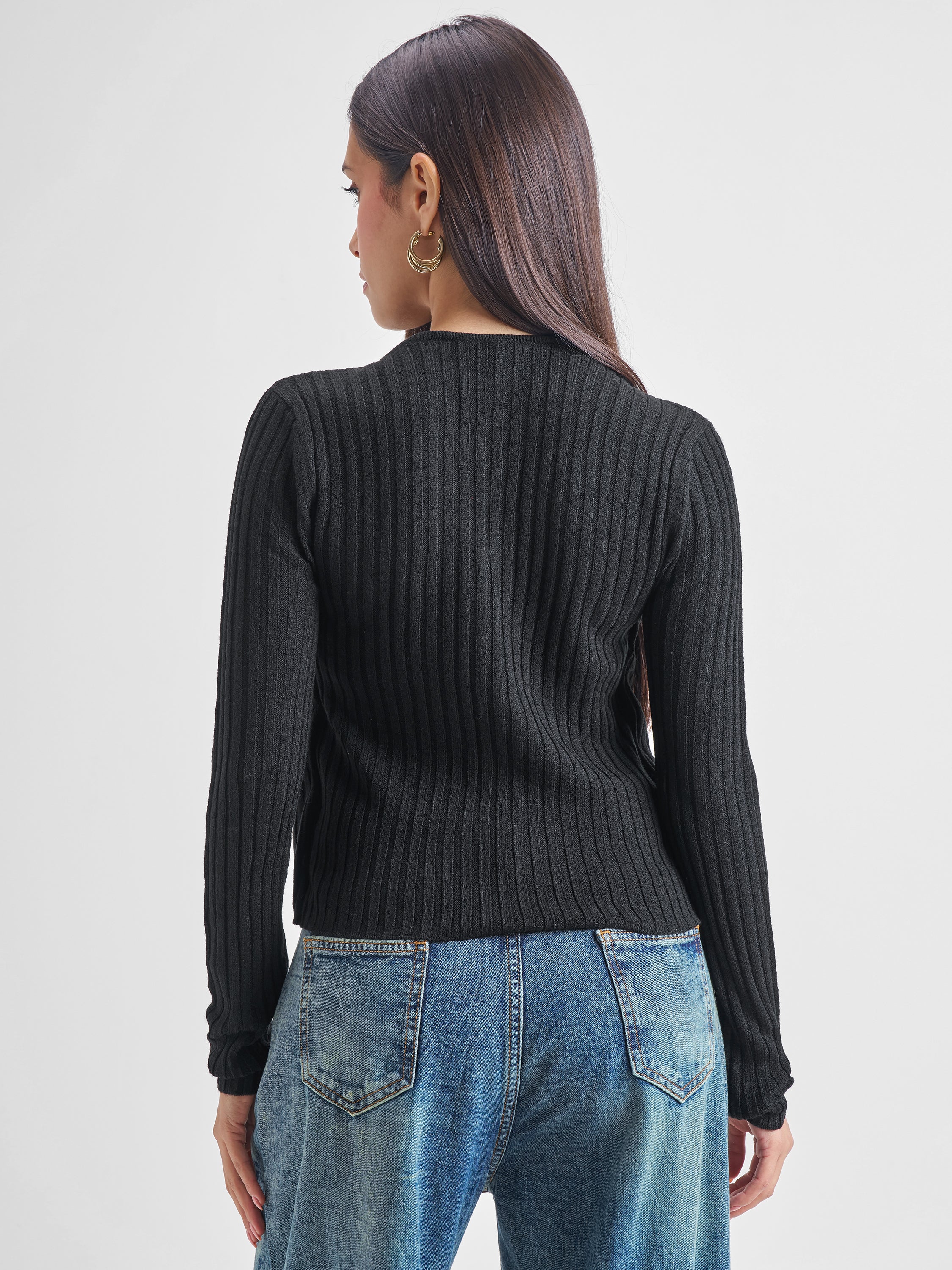 Tokyo Talkies Women Black Round Neck Sweater - Black - Image 3