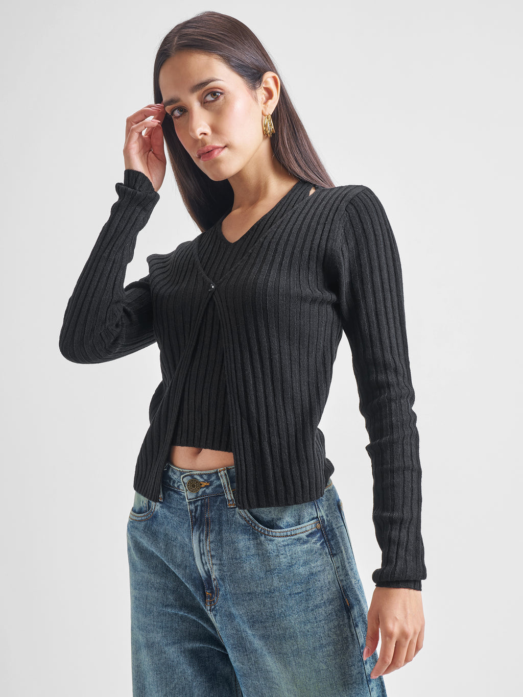 Tokyo Talkies Women Black Round Neck Sweater - Black - Image 4