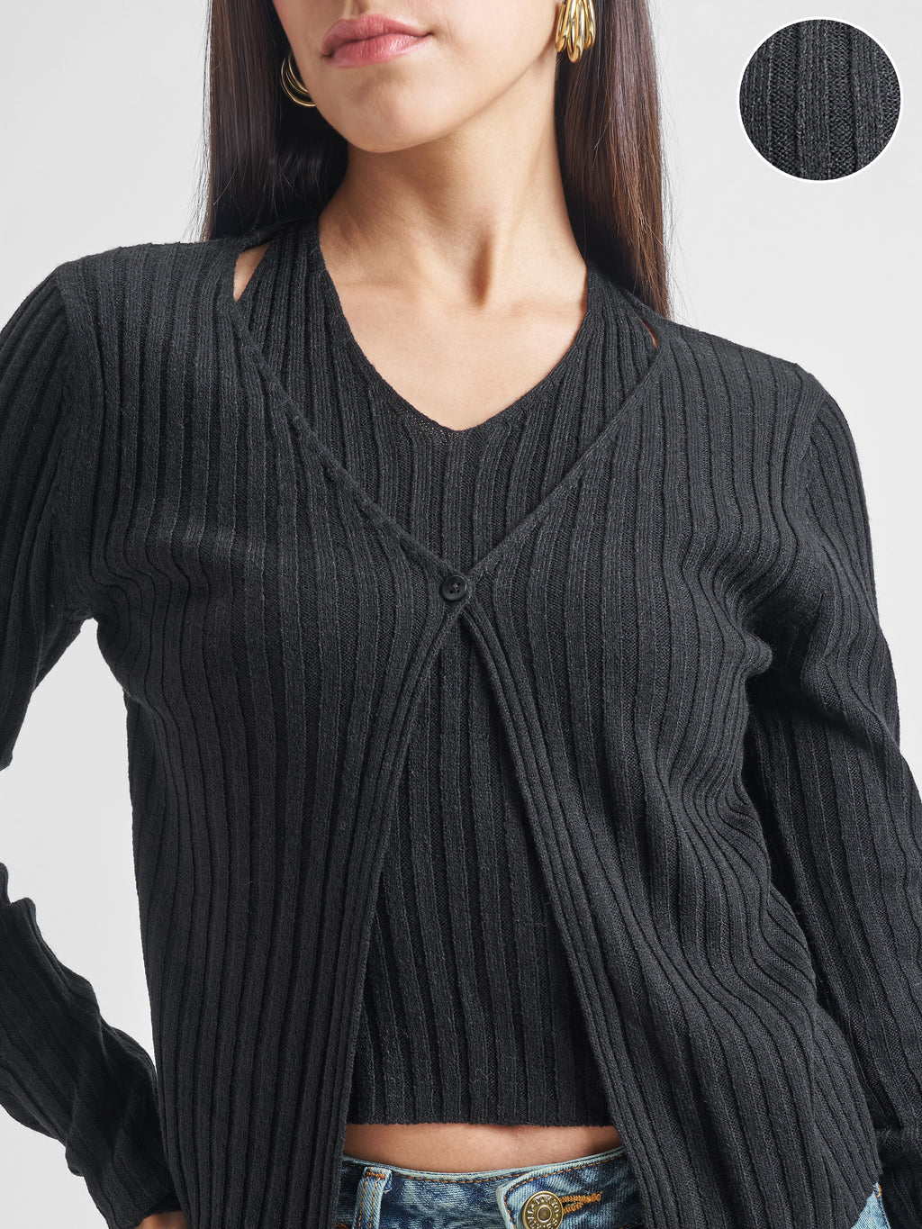 Tokyo Talkies Women Black Round Neck Sweater - Black - Image 5