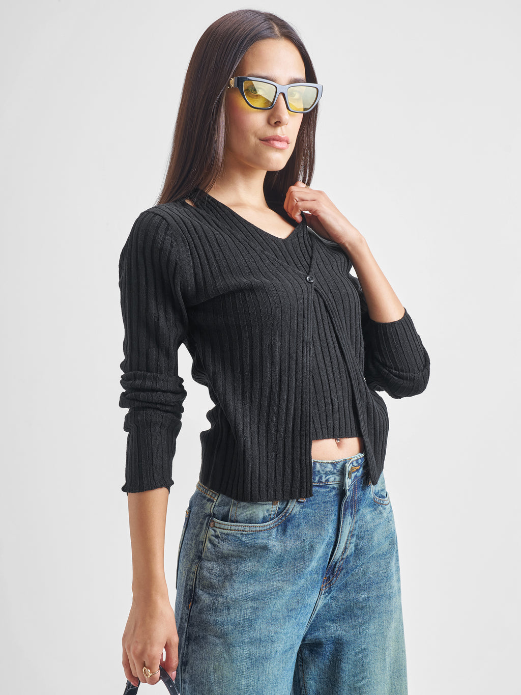 Tokyo Talkies Women Black Round Neck Sweater - Black - Image 6