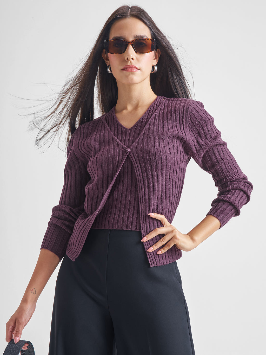 Tokyo Talkies Women Purple Round Neck Sweater - Purple - Image 1