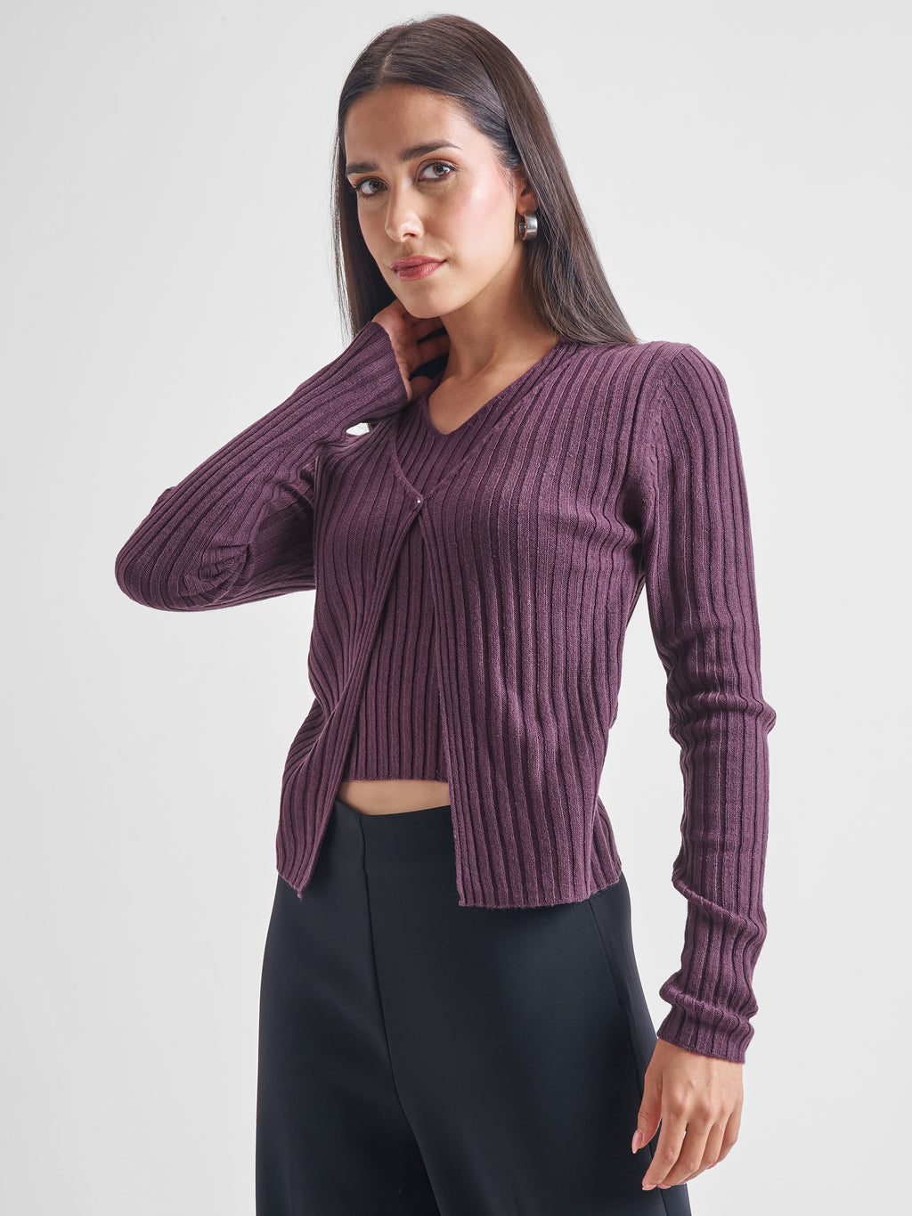 Tokyo Talkies Women Purple Round Neck Sweater - Purple - Image 4