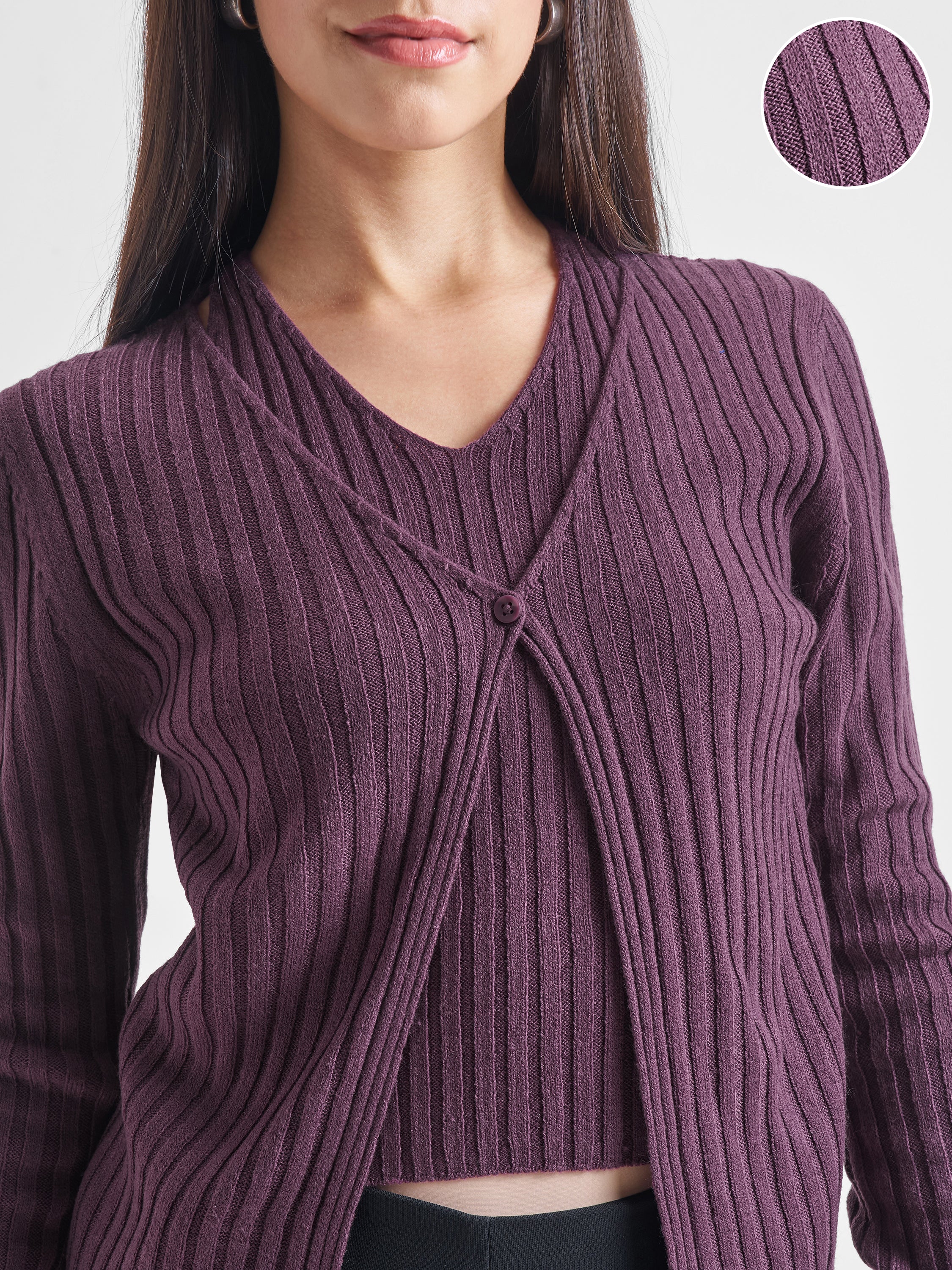 Tokyo Talkies Women Purple Round Neck Sweater - Purple - Image 5