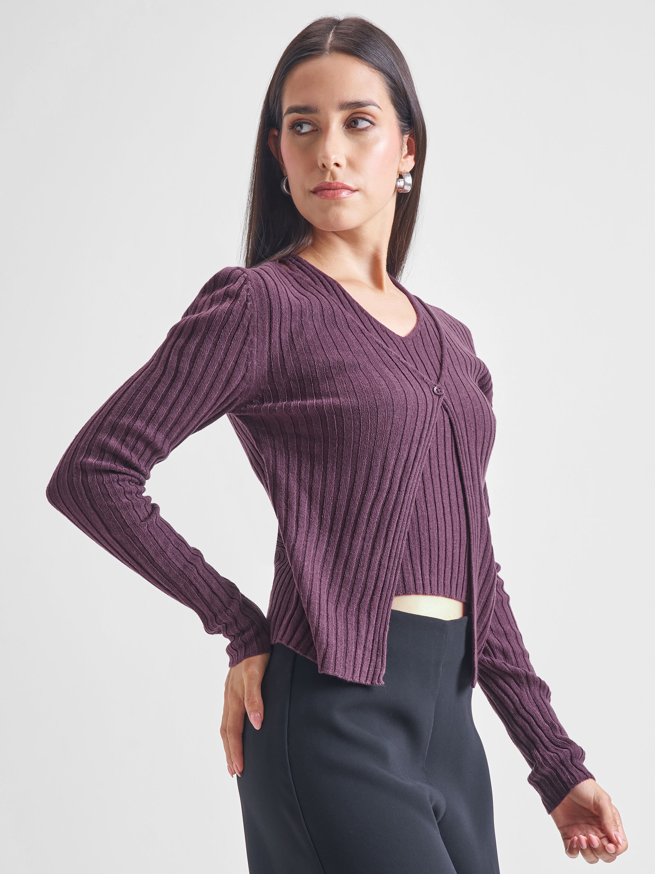 Tokyo Talkies Women Purple Round Neck Sweater - Purple - Image 6