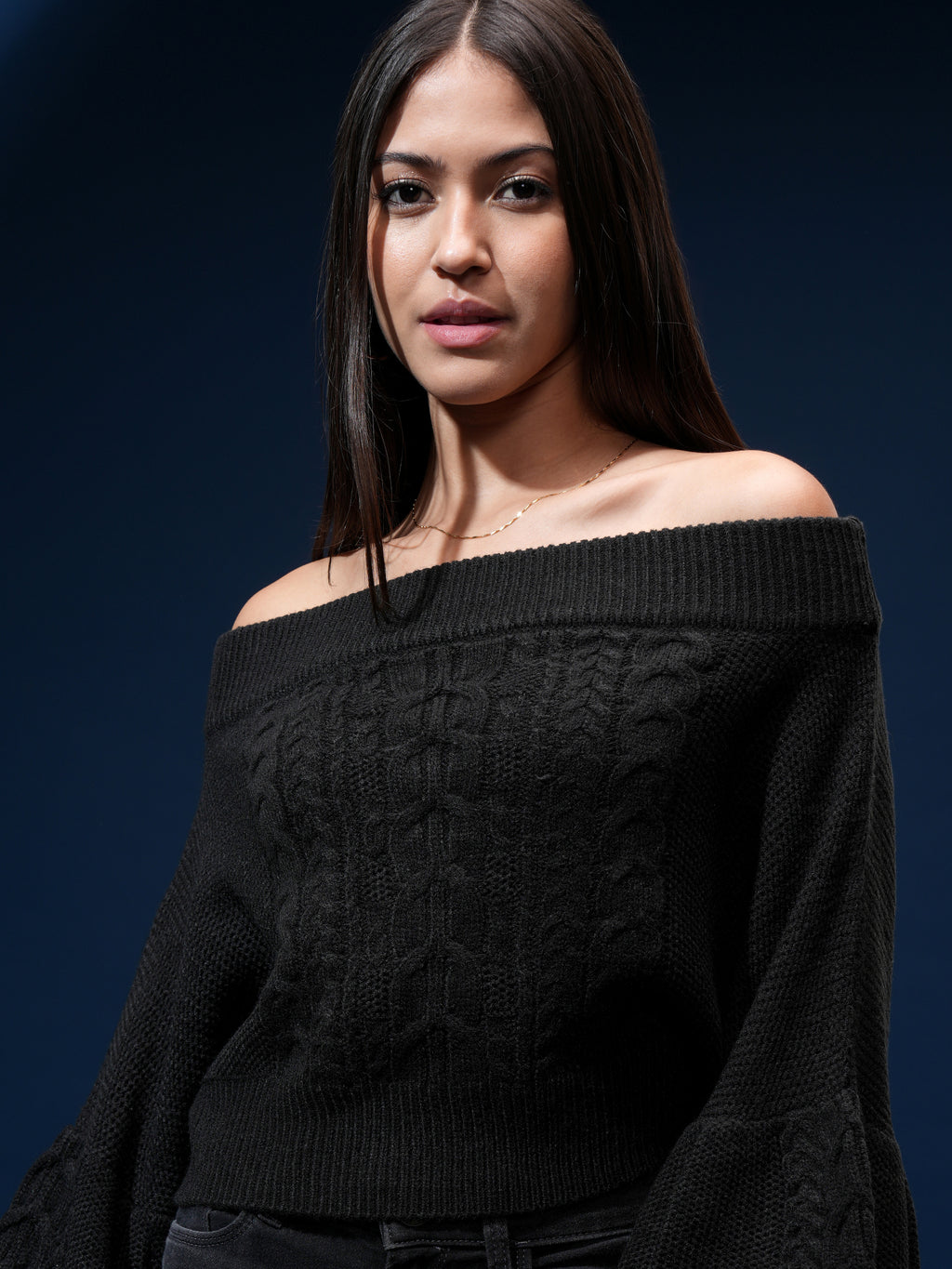 Tokyo Talkies Women Black Off-Shoulder Sweater - Black - Image 1