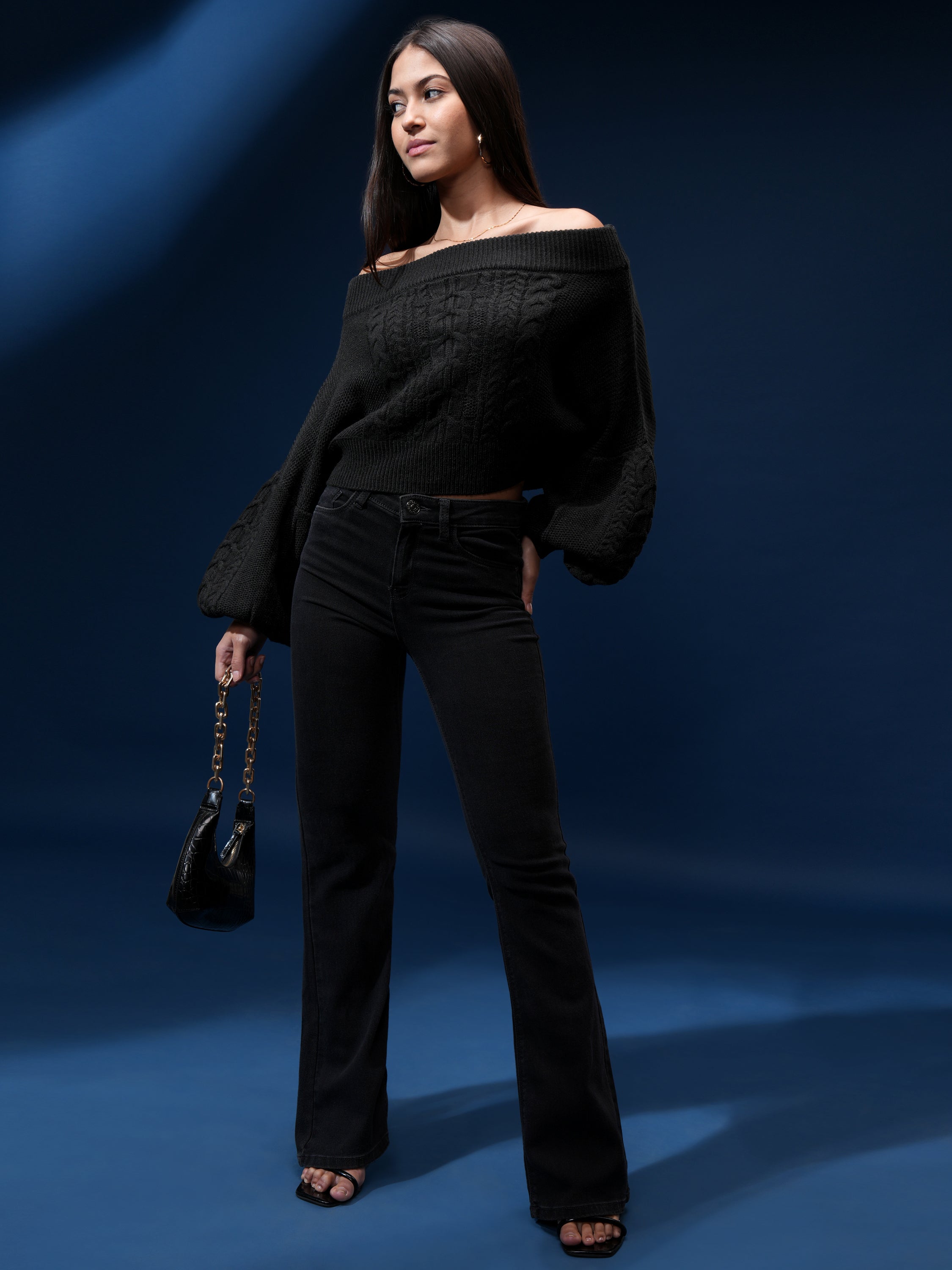 Tokyo Talkies Women Black Off-Shoulder Sweater - Black - Image 2