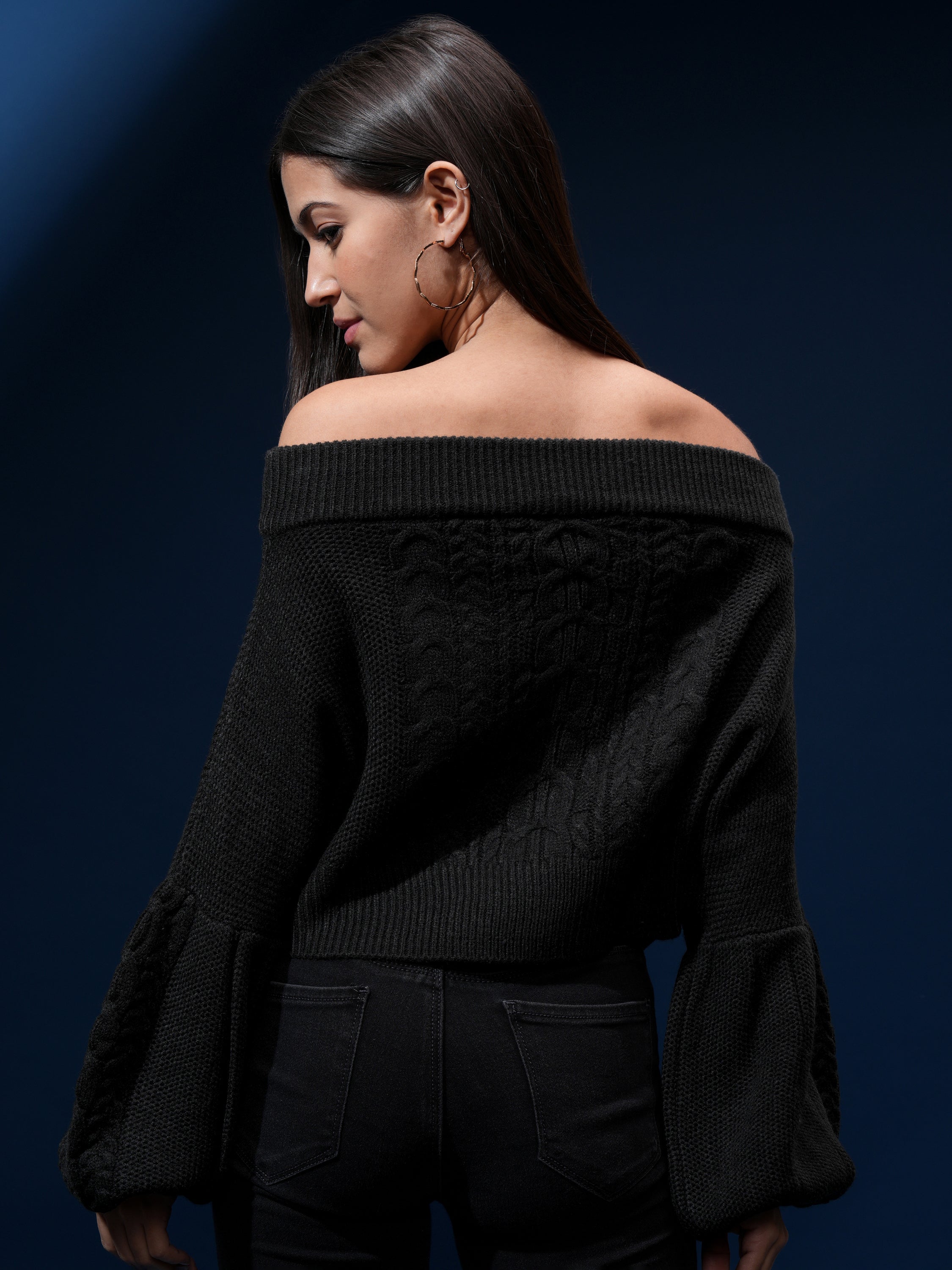 Tokyo Talkies Women Black Off-Shoulder Sweater - Black - Image 3