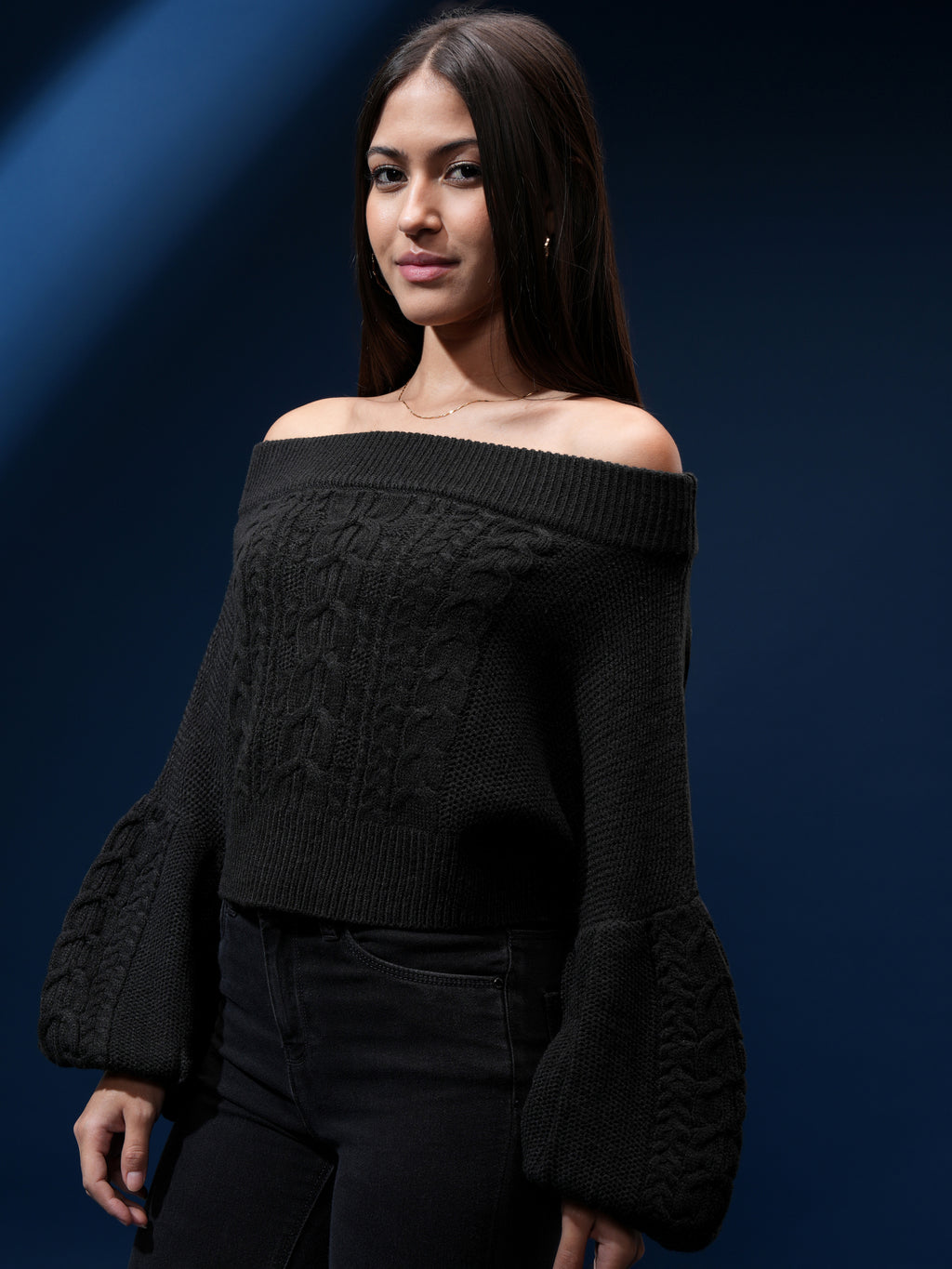 Tokyo Talkies Women Black Off-Shoulder Sweater - Black - Image 4