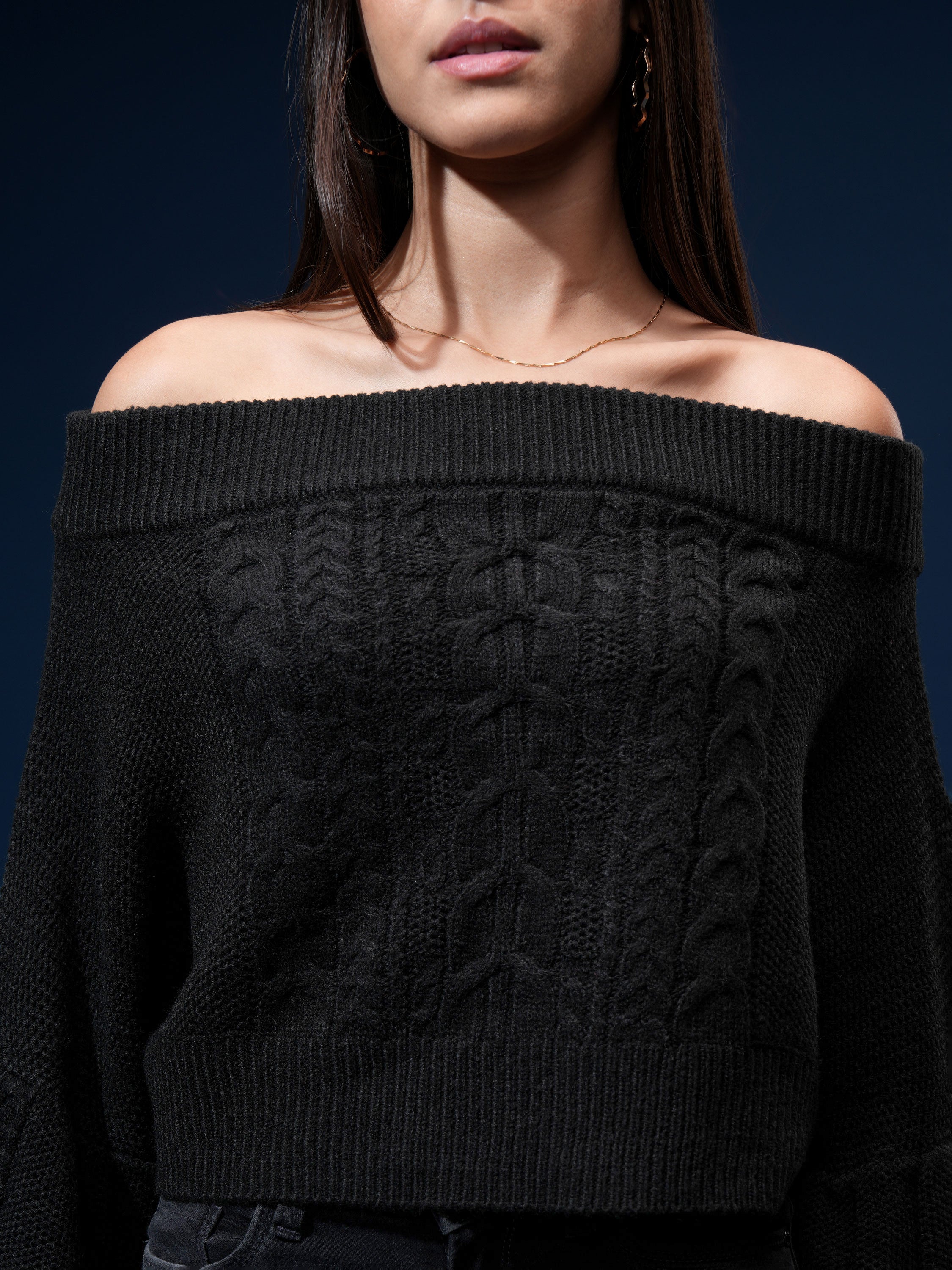 Tokyo Talkies Women Black Off-Shoulder Sweater - Black - Image 5