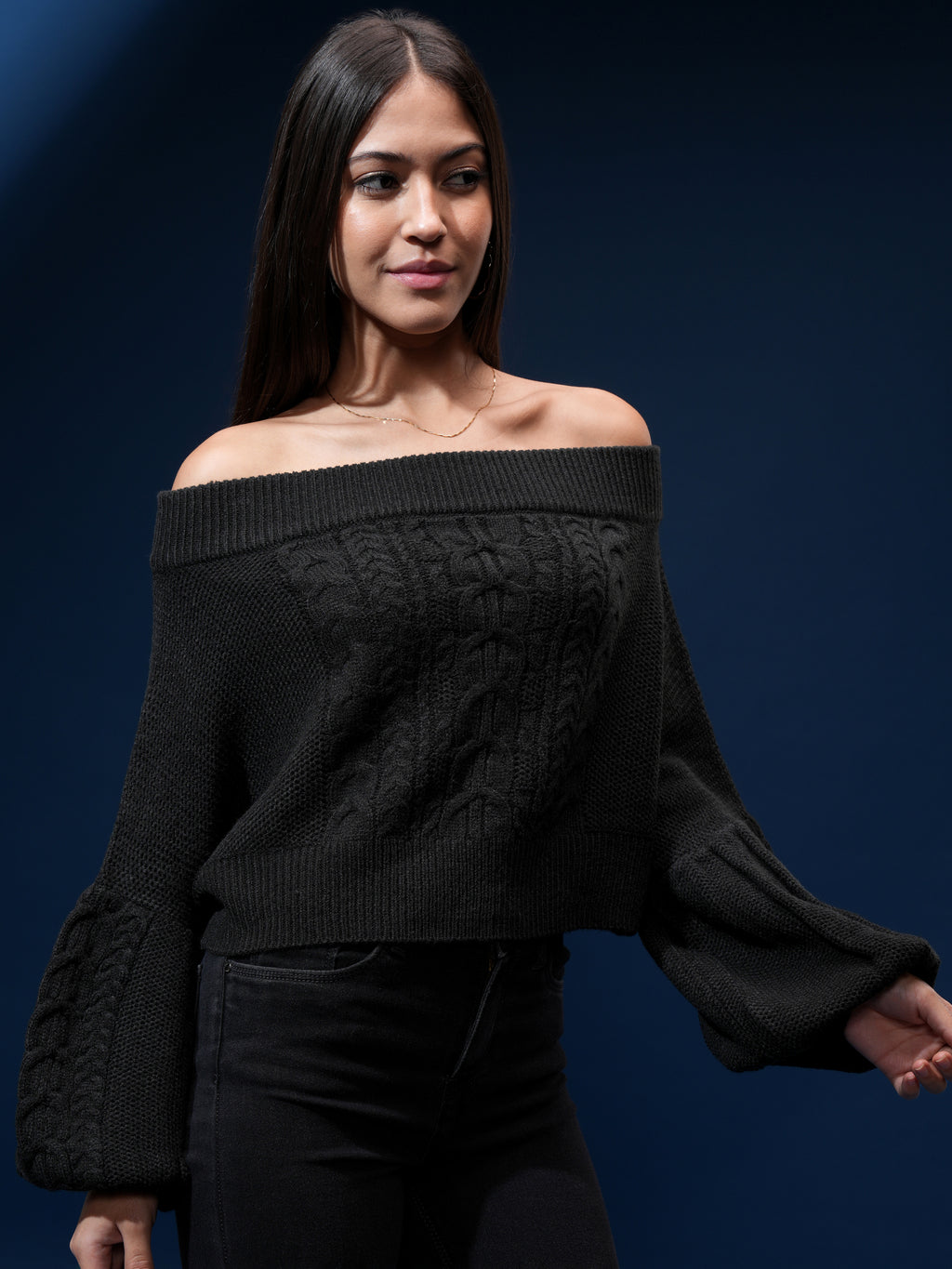 Tokyo Talkies Women Black Off-Shoulder Sweater - Black - Image 6