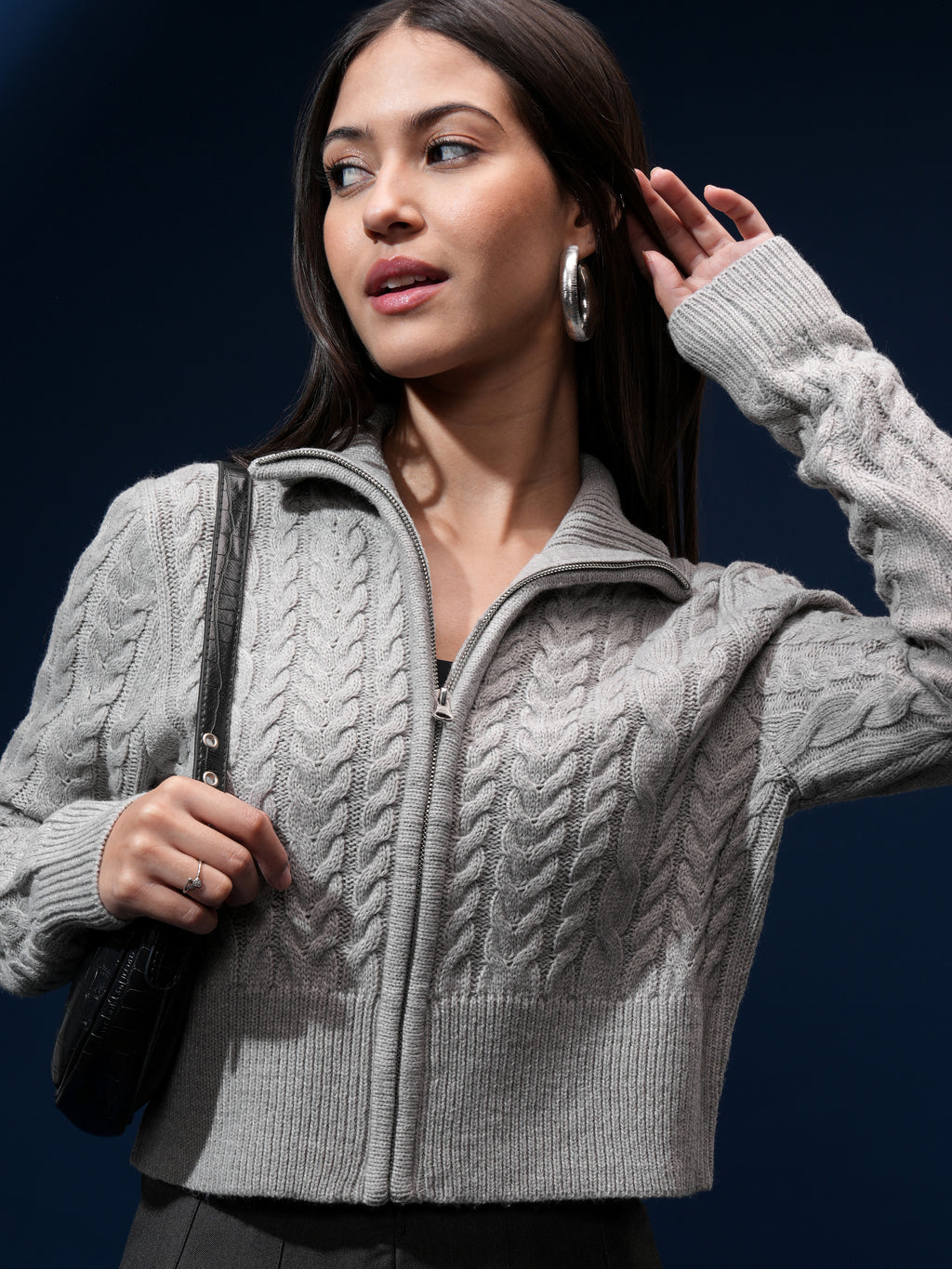 Tokyo Talkies Women Grey High Neck Sweater - Grey - Image 1