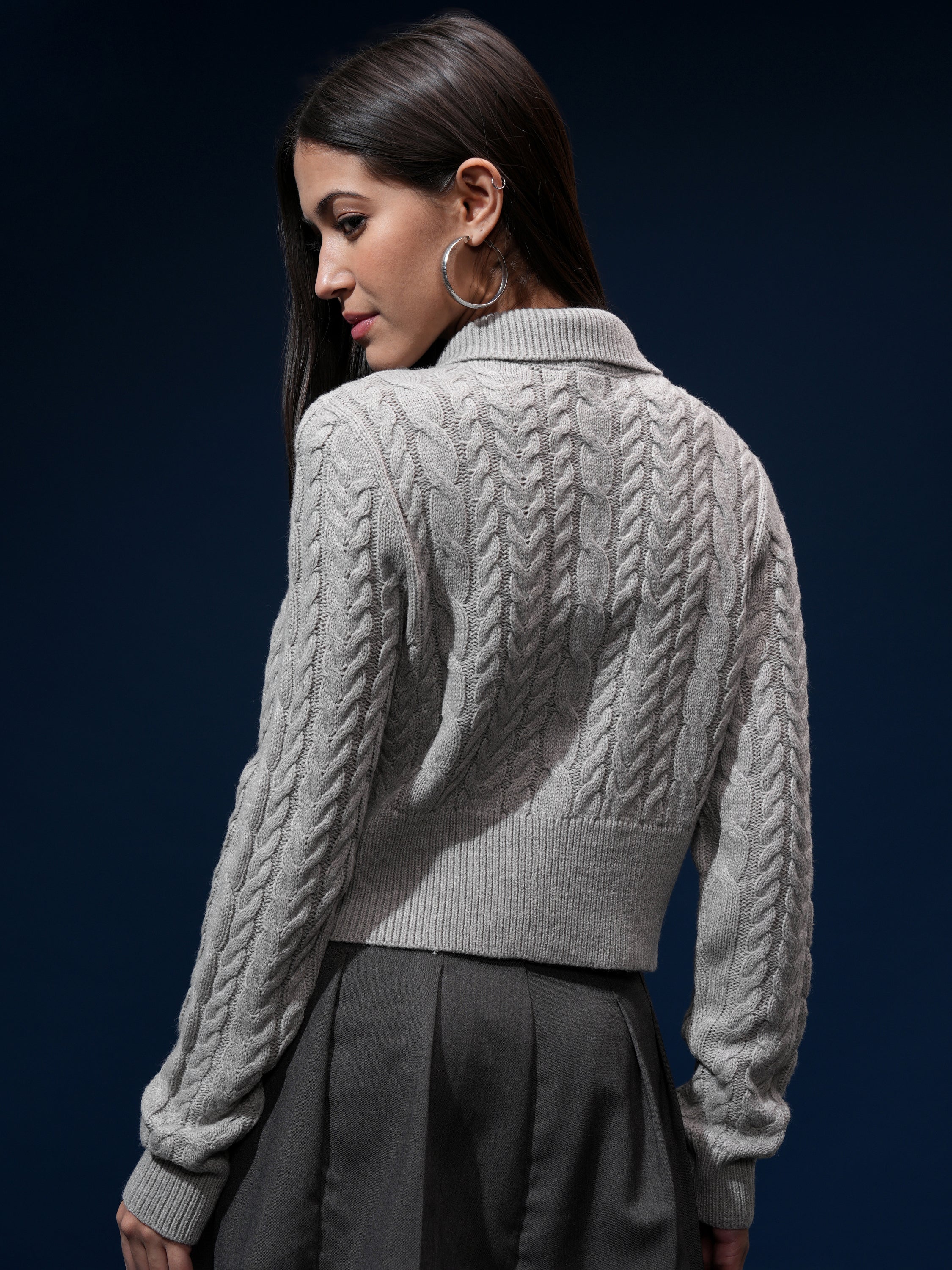 Tokyo Talkies Women Grey High Neck Sweater - Grey - Image 3