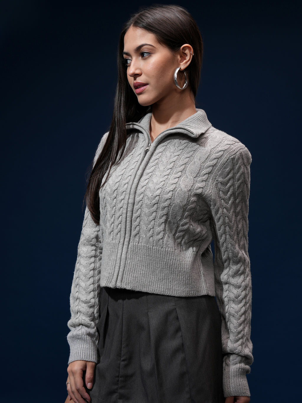 Tokyo Talkies Women Grey High Neck Sweater - Grey - Image 4
