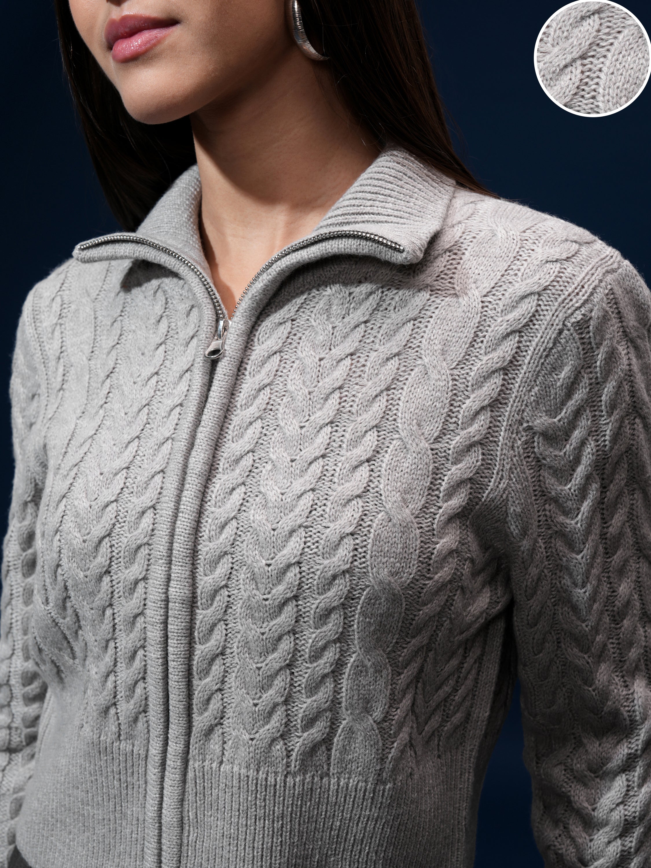 Tokyo Talkies Women Grey High Neck Sweater - Grey - Image 5