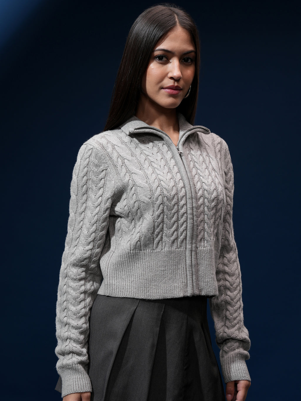 Tokyo Talkies Women Grey High Neck Sweater - Grey - Image 6