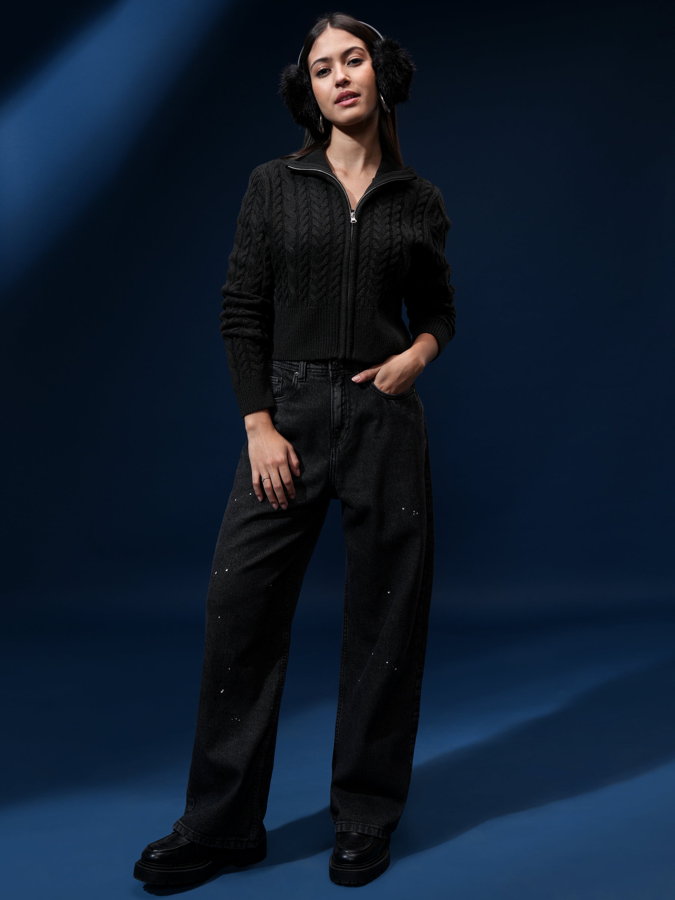 Tokyo Talkies Women Black High Neck Sweater - Black - Image 2