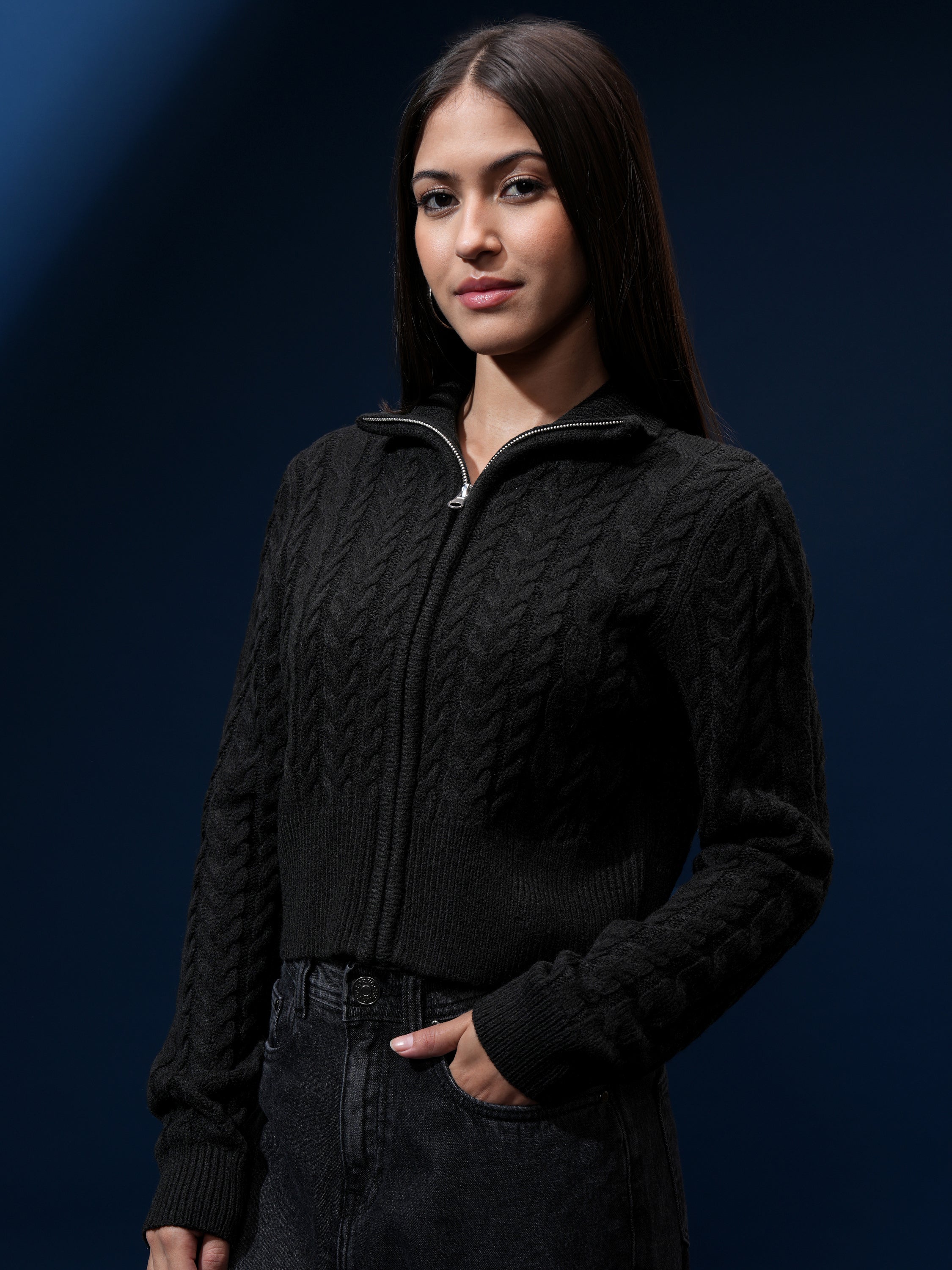 Tokyo Talkies Women Black High Neck Sweater - Black - Image 4