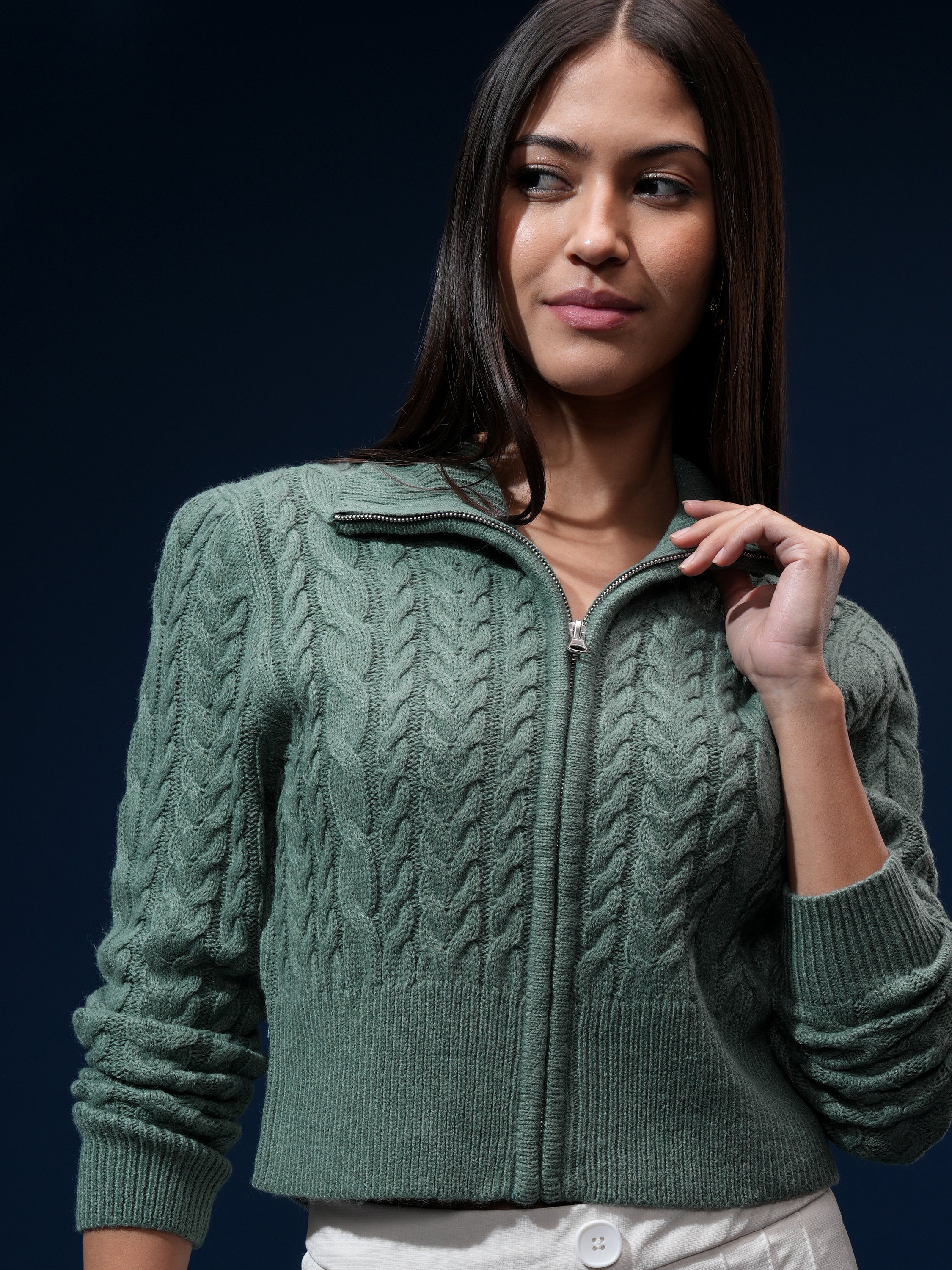 Tokyo Talkies Women Green High Neck Sweater - Green - Image 1