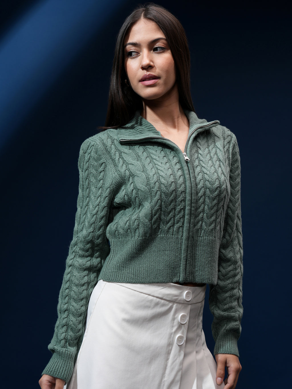 Tokyo Talkies Women Green High Neck Sweater - Green - Image 6