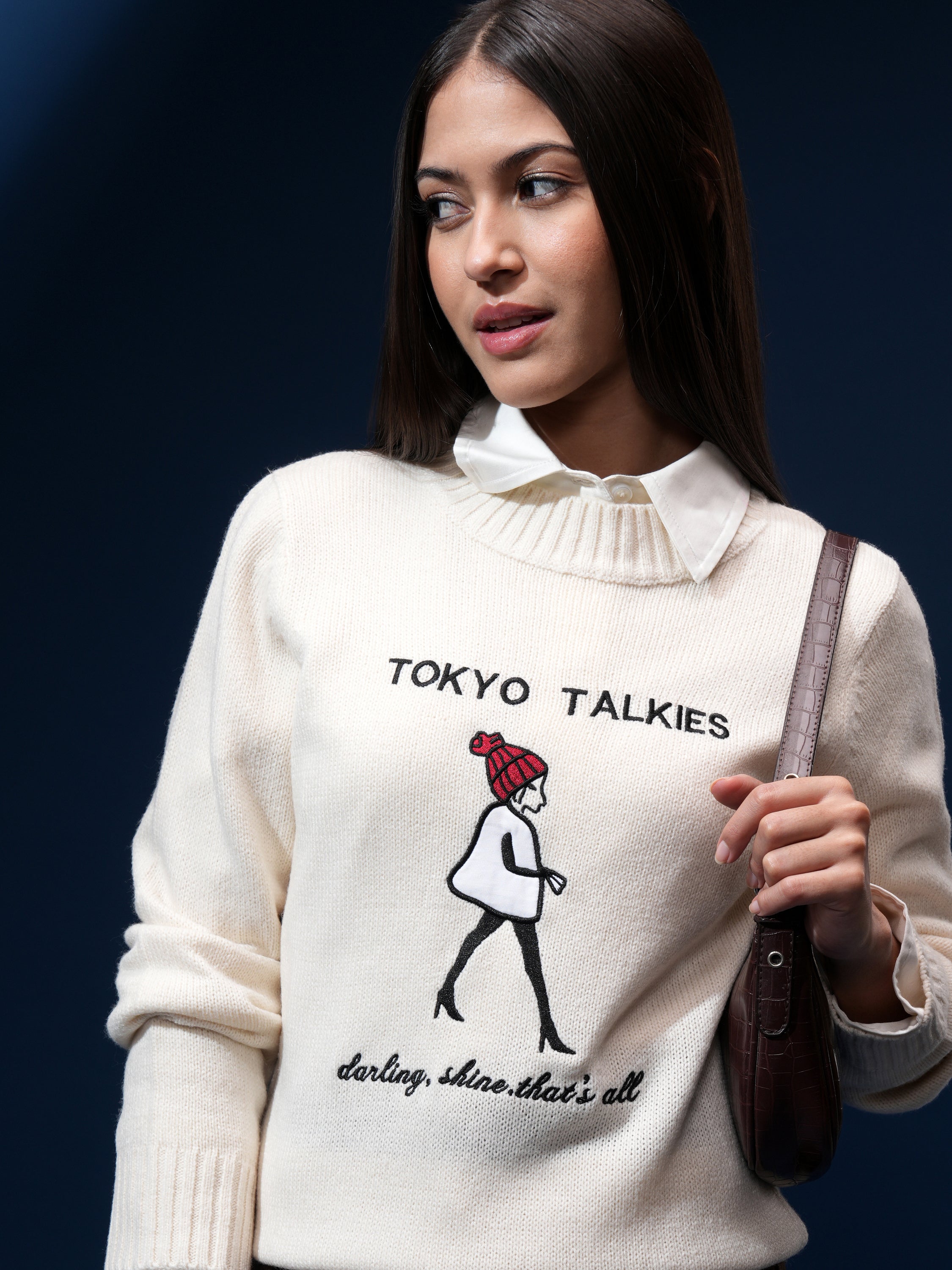 Tokyo Talkies Women Off White Round Neck Sweater - Off White - Image 1